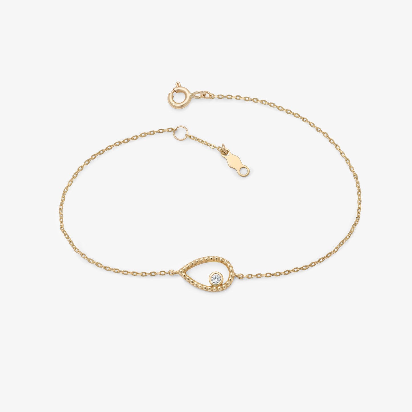 9K Yellow Gold Bracelet With A Beaded Open Teardop And Bezel Zirconia 18cm