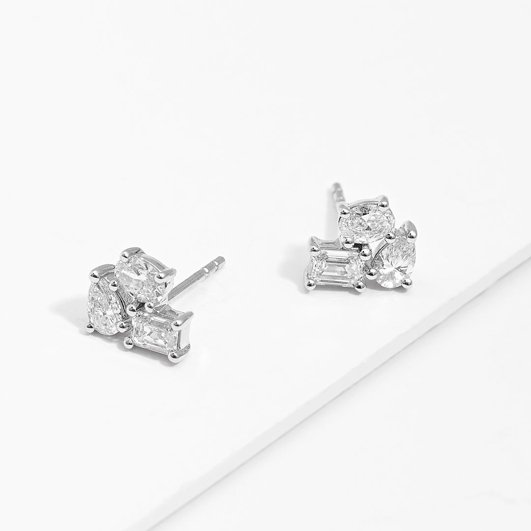 9K White Gold Trio Lab Diamond Cluster Stud Earrings 1.0tdw