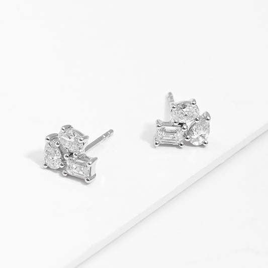 9K White Gold Trio Lab Diamond Cluster Stud Earrings 1.0tdw