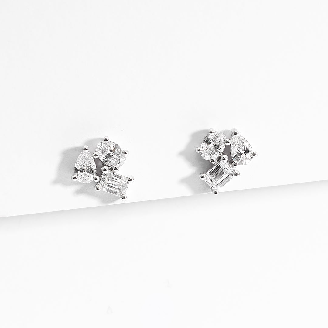 9K White Gold Trio Lab Diamond Cluster Stud Earrings 1.0tdw