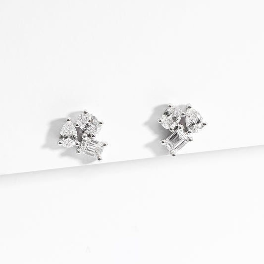 9K White Gold Trio Lab Diamond Cluster Stud Earrings 1.0tdw