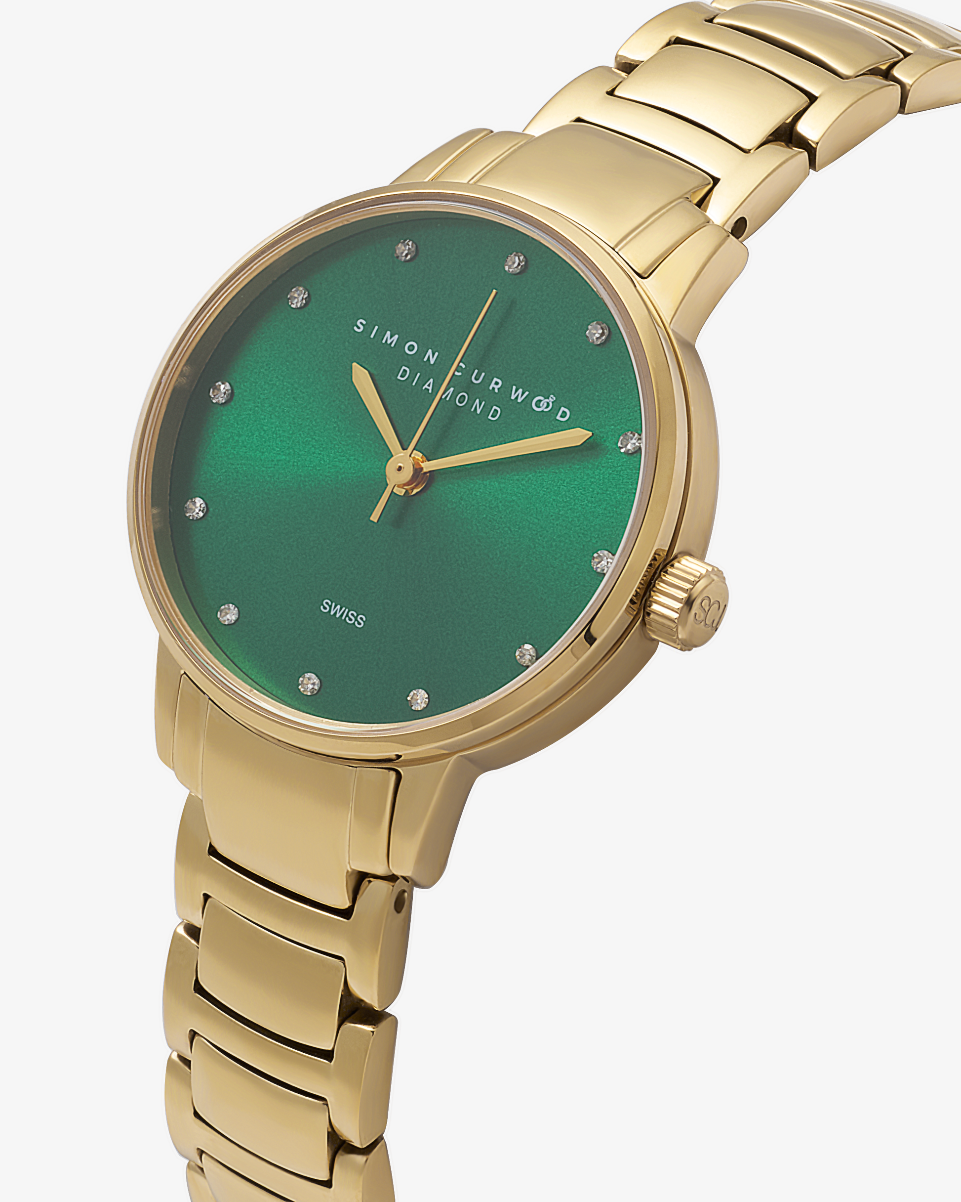 Gold Tone Stainless Steel Ladies Watch With Emerald Green Dial And Diamond Hour Markers