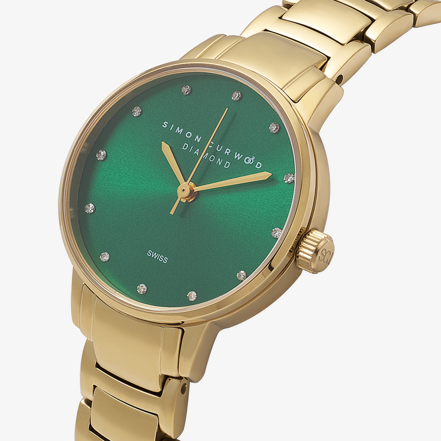 Gold Tone Stainless Steel Ladies Watch With Emerald Green Dial And Diamond Hour Markers