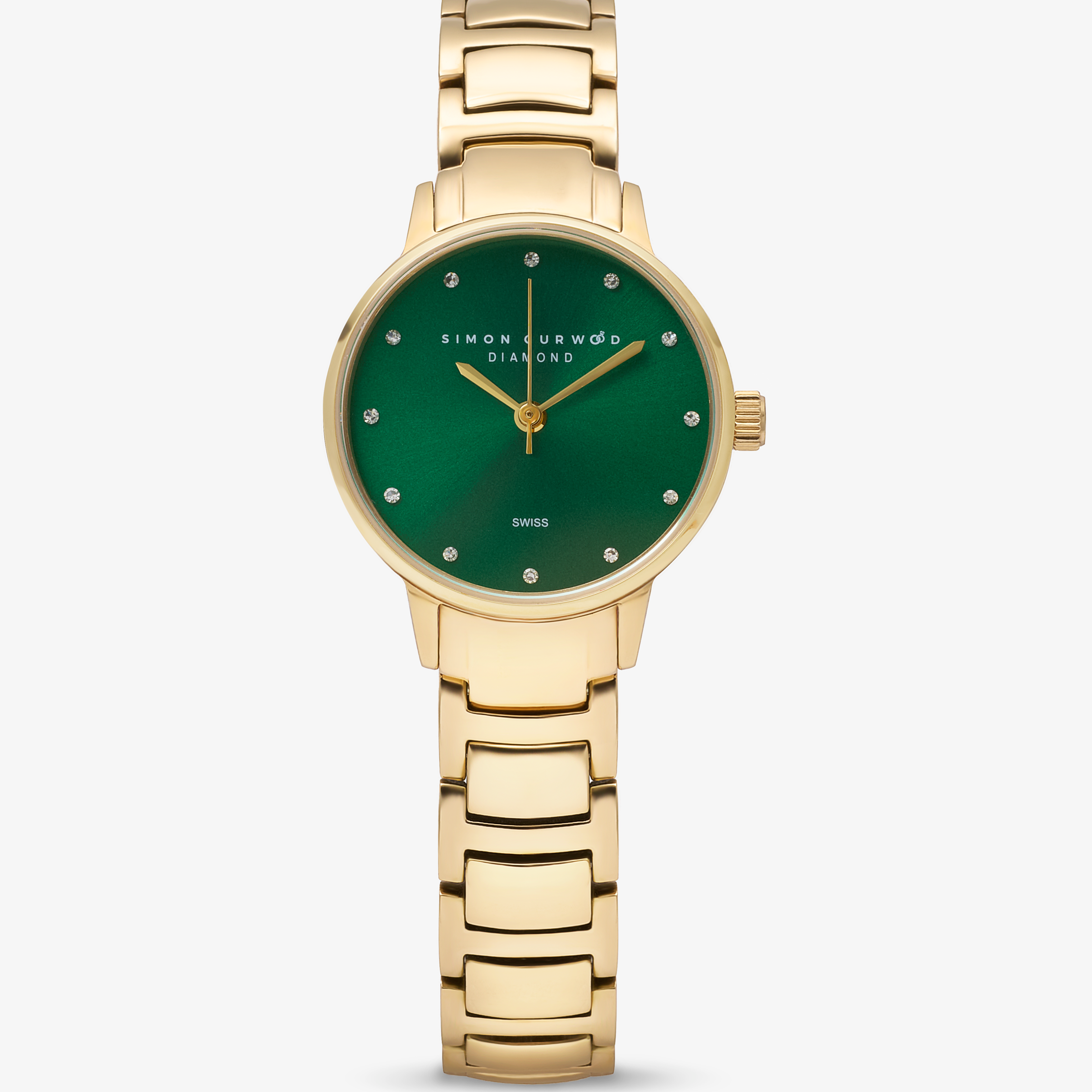 Gold Tone Stainless Steel Ladies Watch With Emerald Green Dial And Diamond Hour Markers