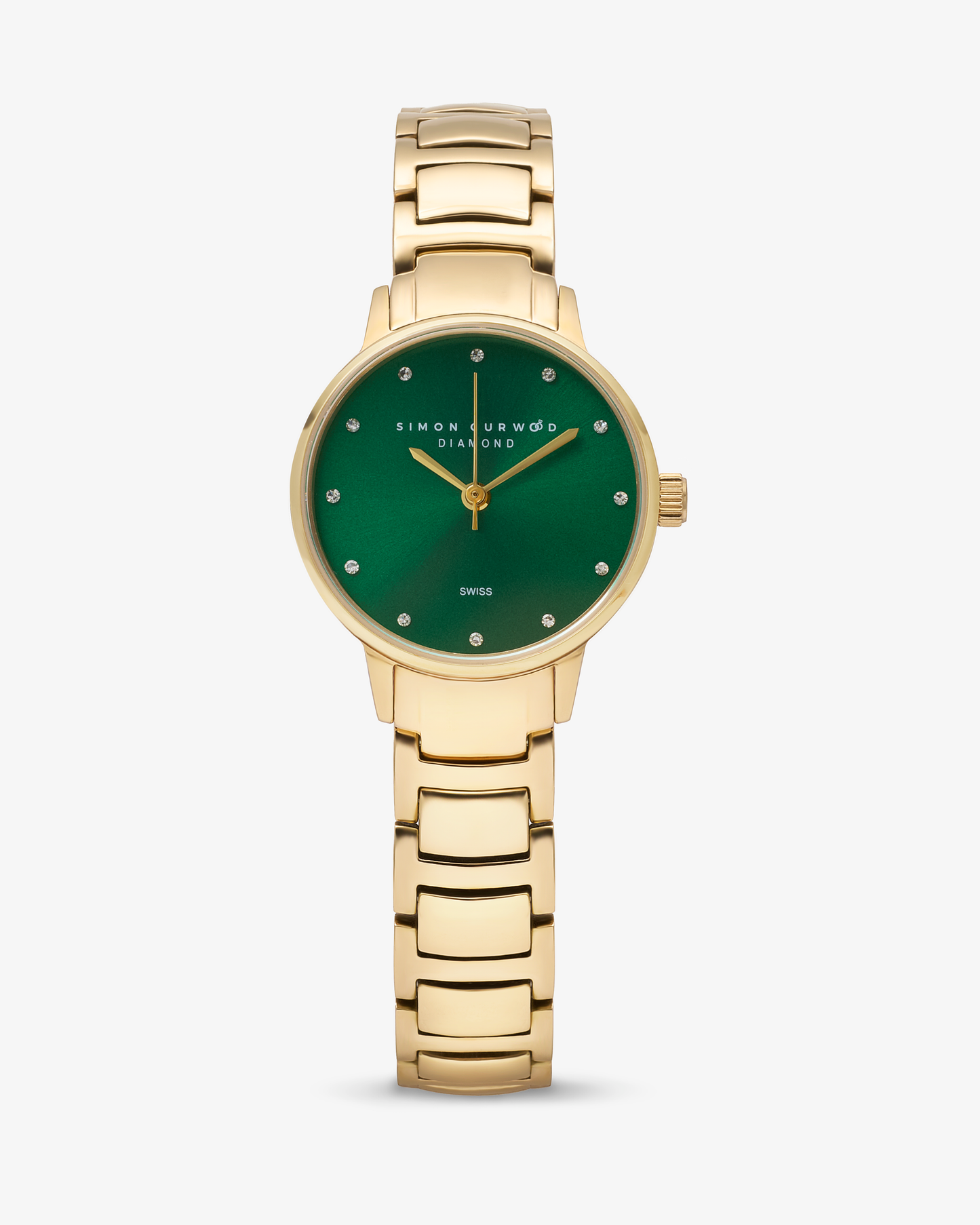 Gold Tone Stainless Steel Ladies Watch With Emerald Green Dial And Diamond Hour Markers