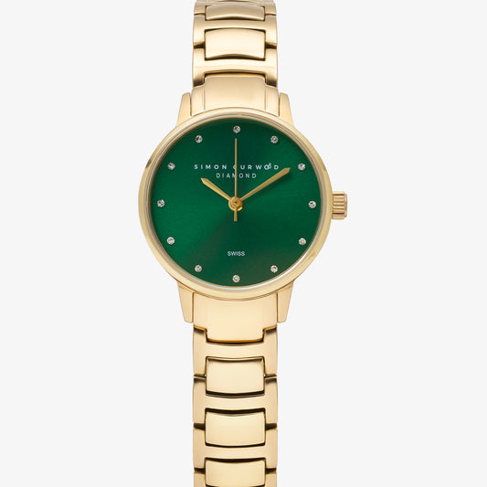 Gold Tone Stainless Steel Ladies Watch With Emerald Green Dial And Diamond Hour Markers