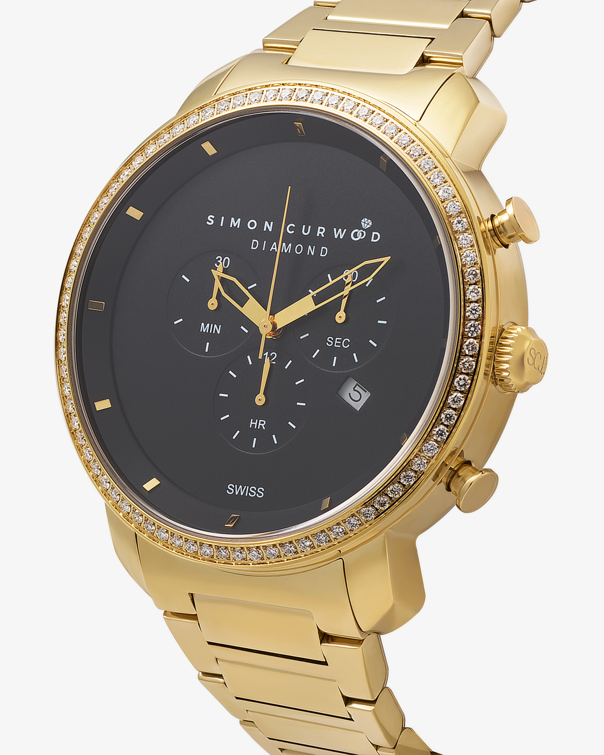 Gold Tone Stainless Steel Diamond Watch with Black Dial And Swiss Movement