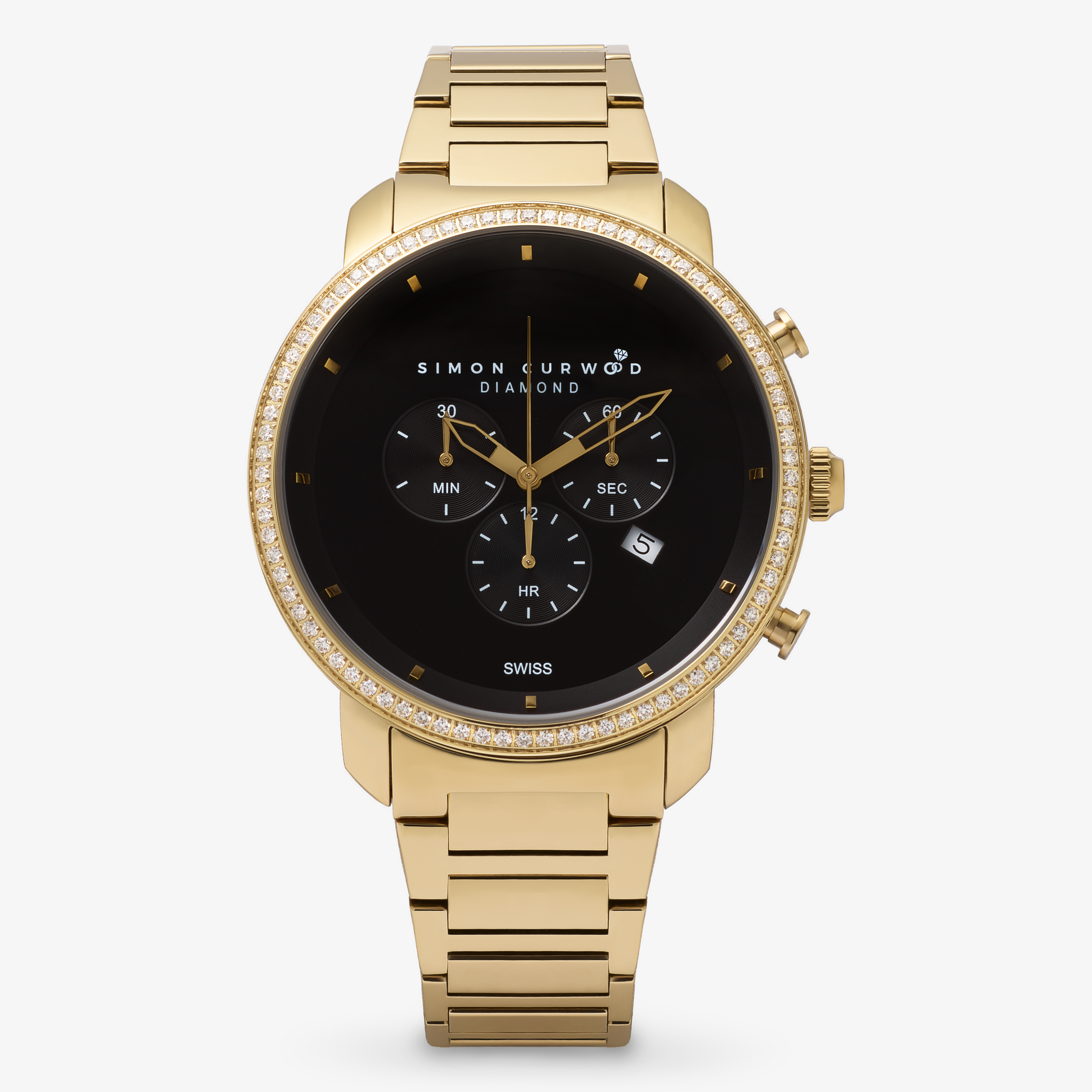 25% OFF APPLIED TO CART - Gold Tone Stainless Steel Diamond Watch with Black Dial