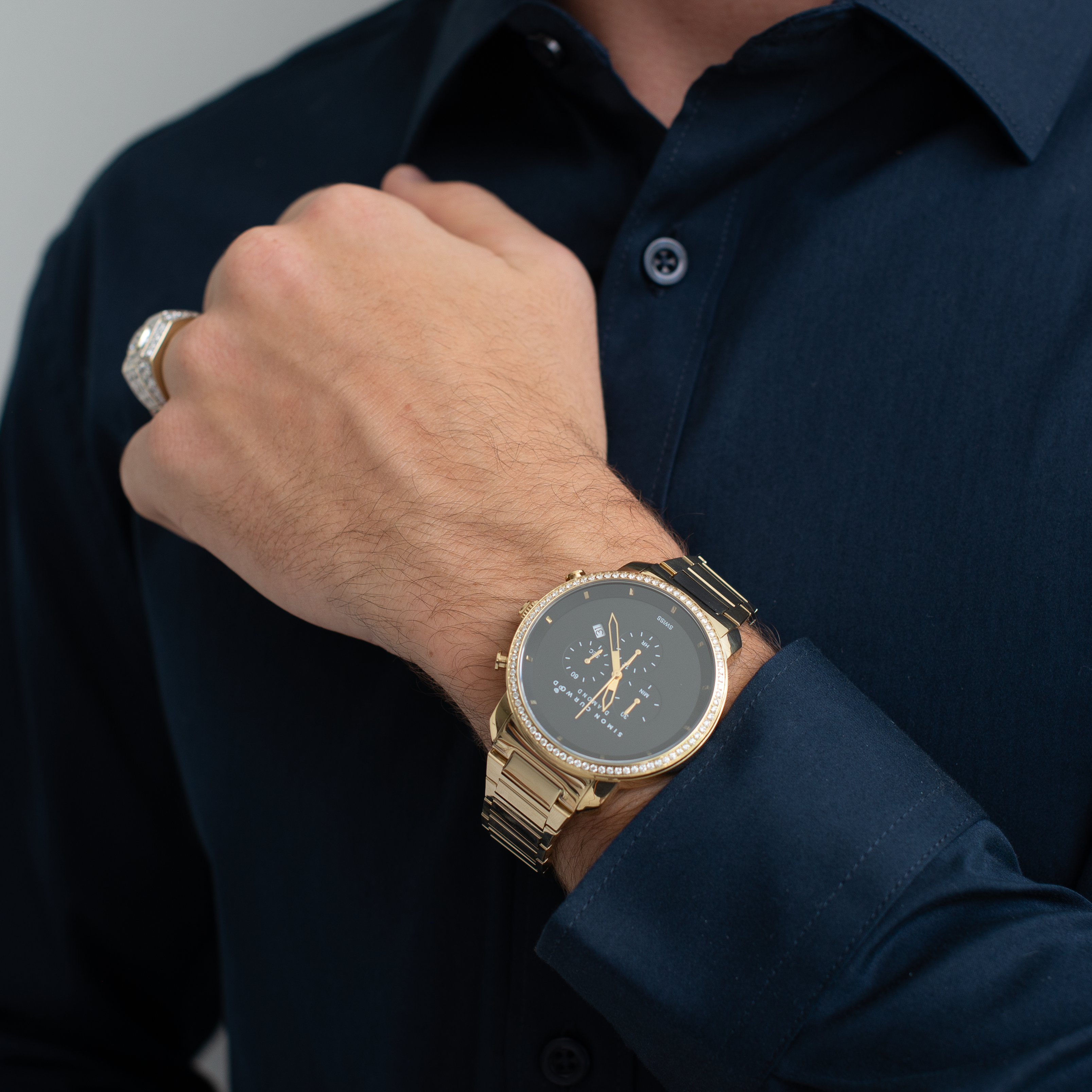 Gold Tone Stainless Steel Diamond Watch with Black Dial And Swiss Movement