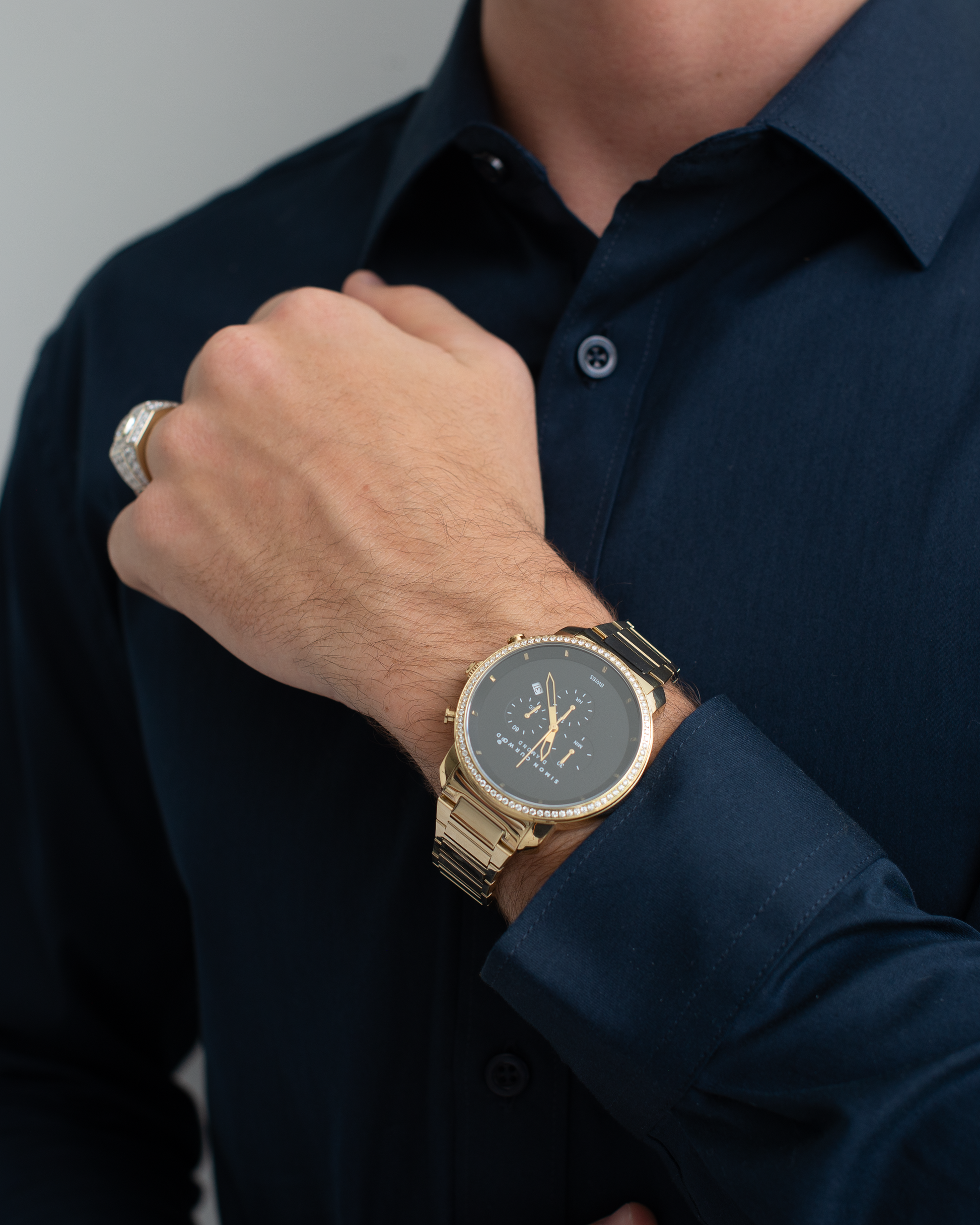 Gold Tone Stainless Steel Diamond Watch with Black Dial And Swiss Movement