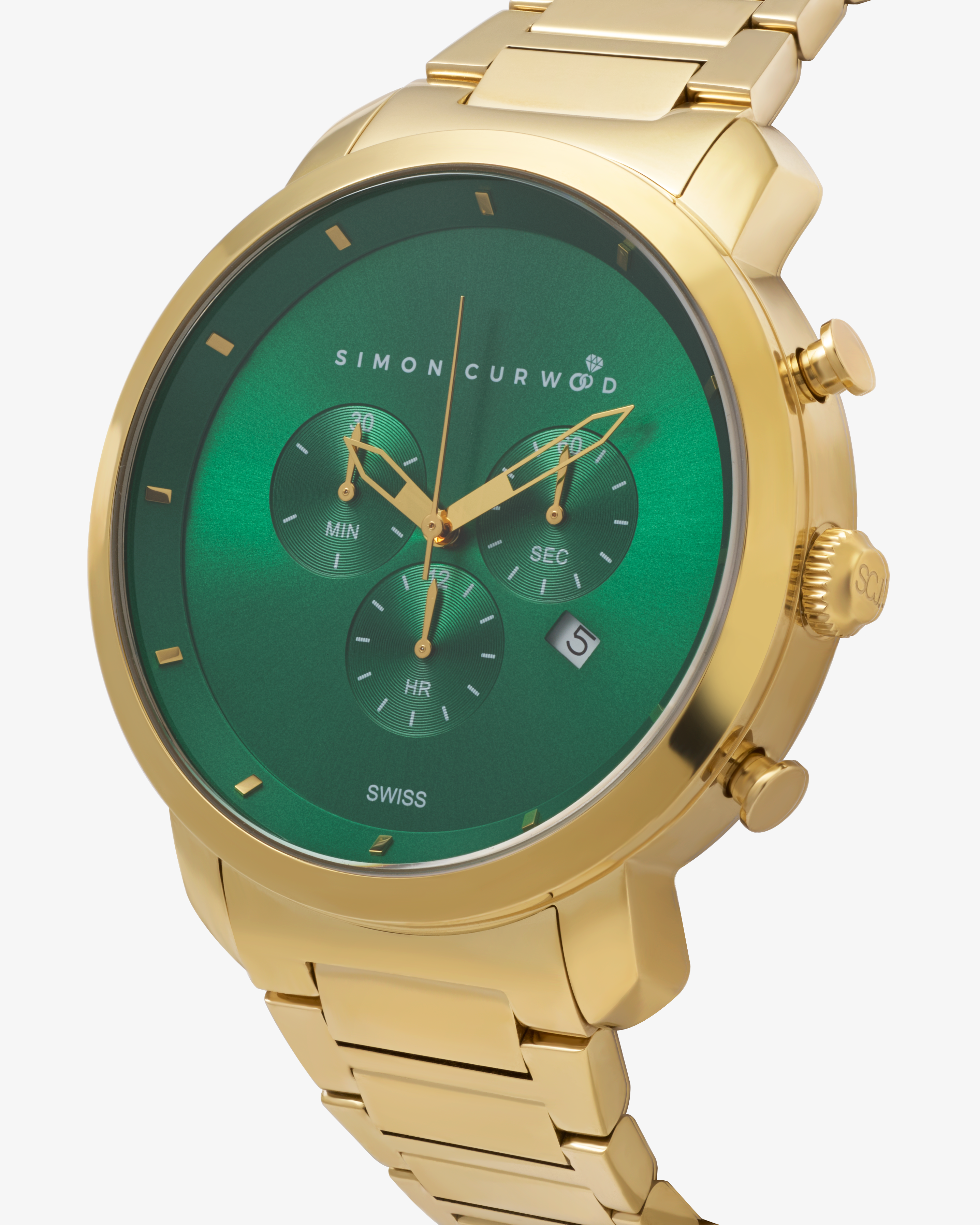 Gold Tone Stainless Steel Watch With Emerald Green Dial And Swiss Movement