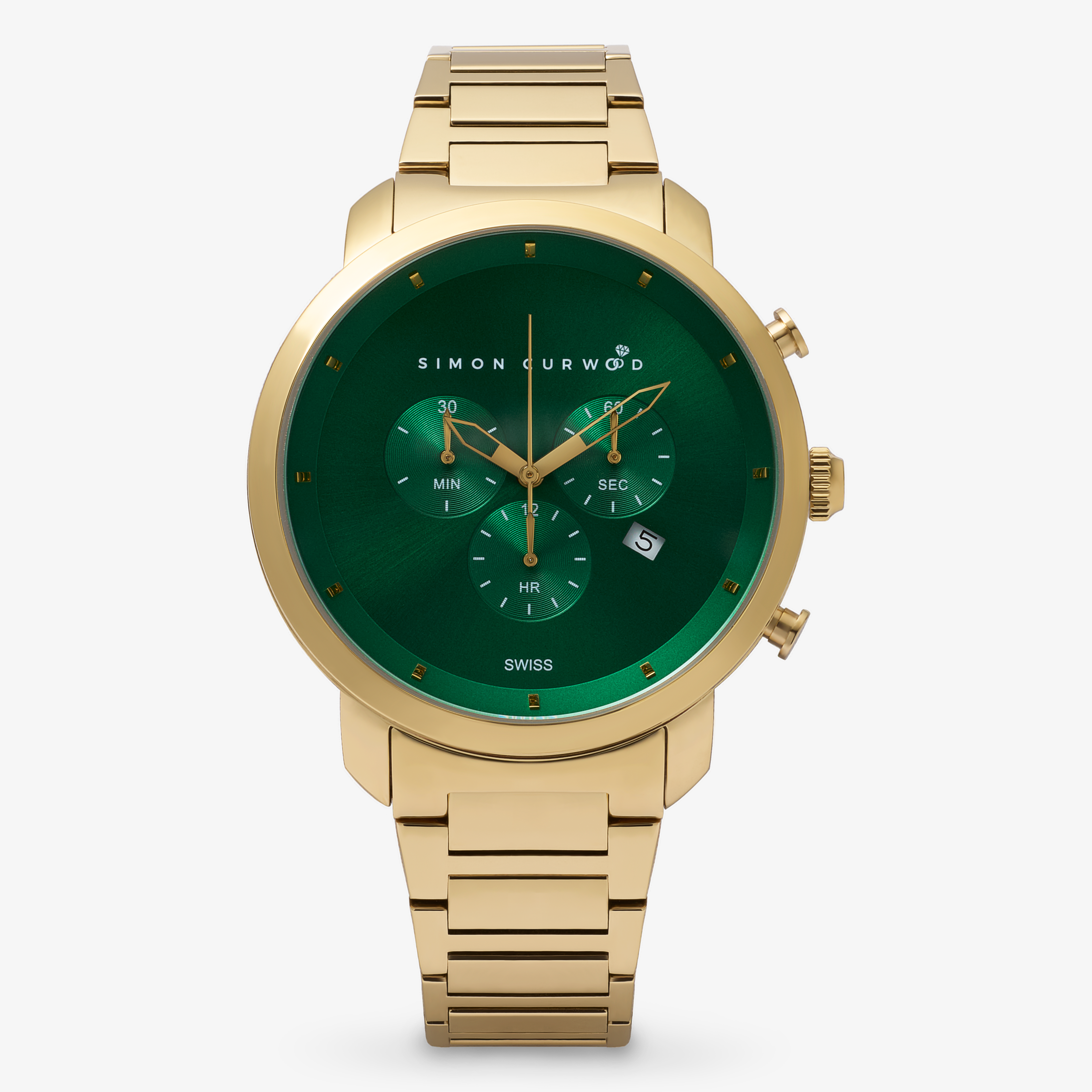 Gold Tone Stainless Steel Watch With Emerald Green Dial And Swiss Movement