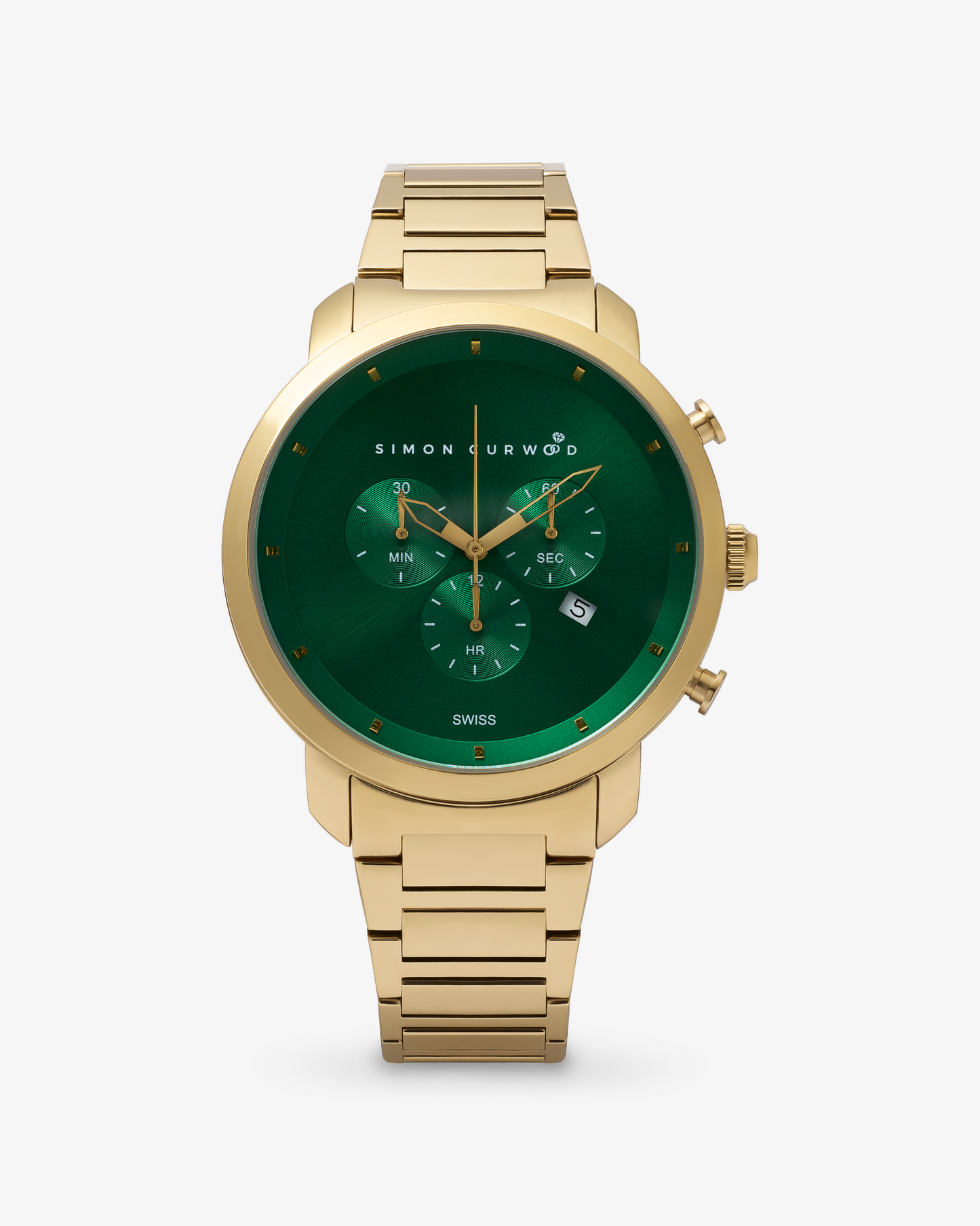 Gold Tone Stainless Steel Watch With Emerald Green Dial And Swiss Movement