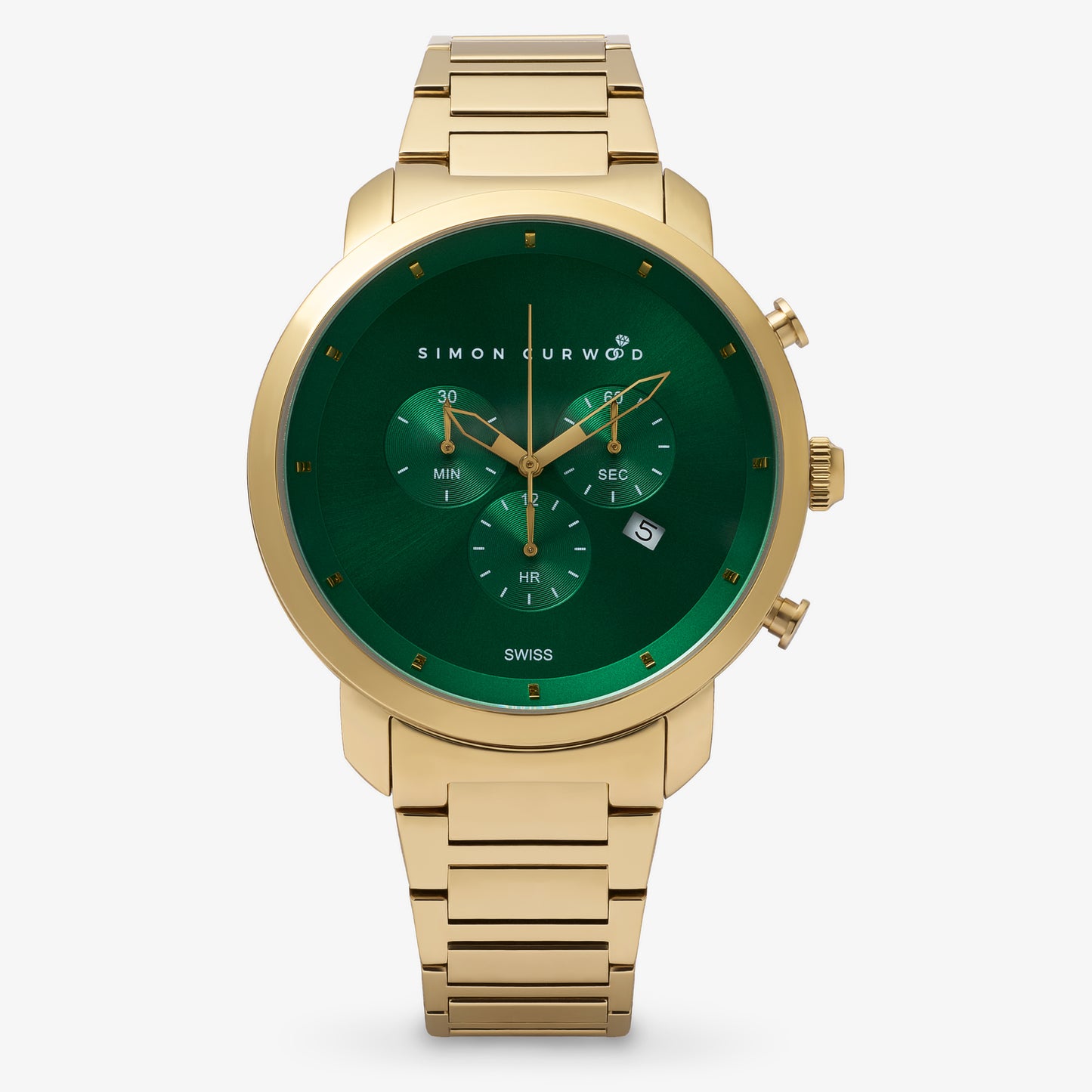 Gold Tone Stainless Steel Watch With Emerald Green Dial And Swiss Movement