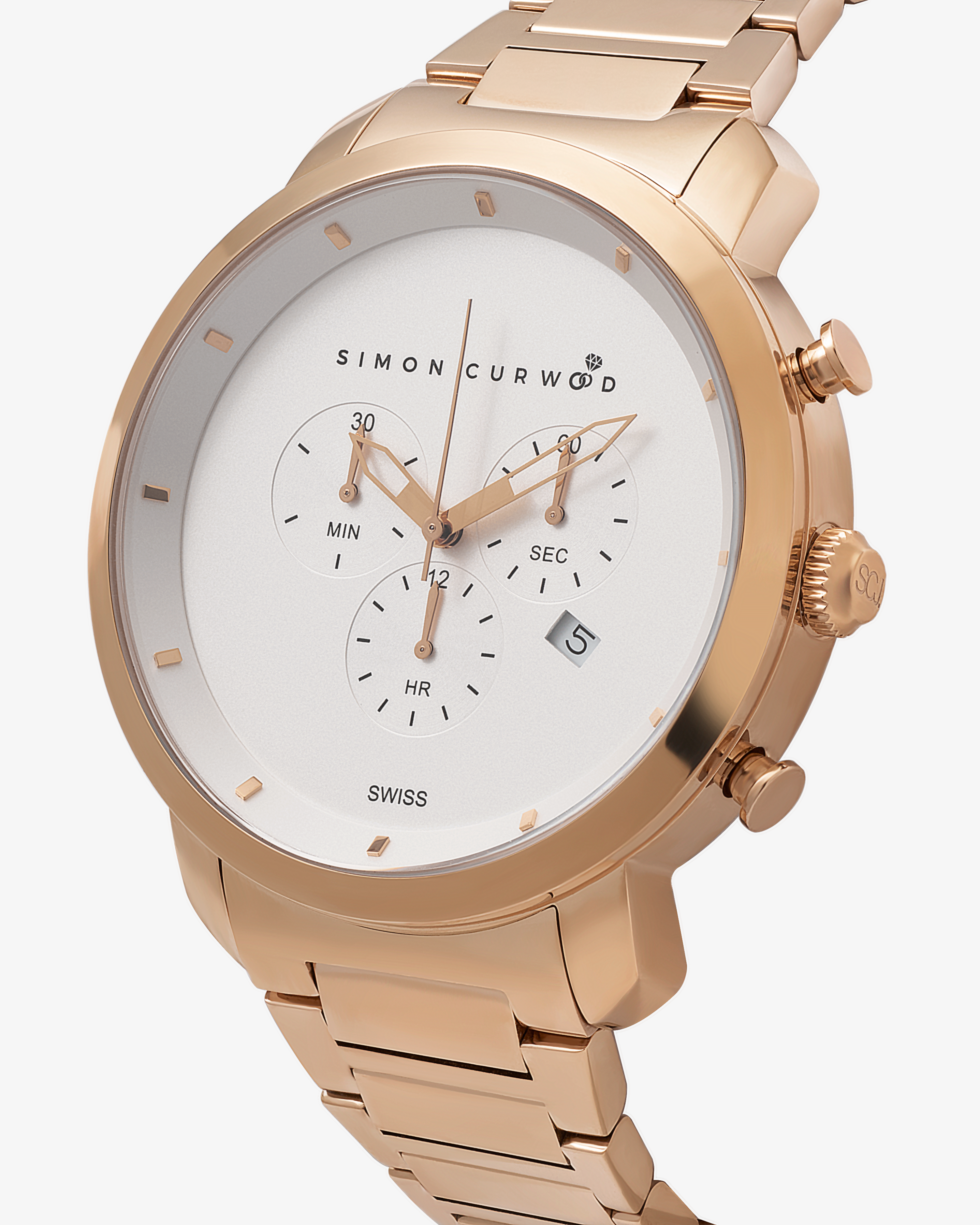Rose Gold Tone Stainless Steel Watch With White Dial And Swiss Movement