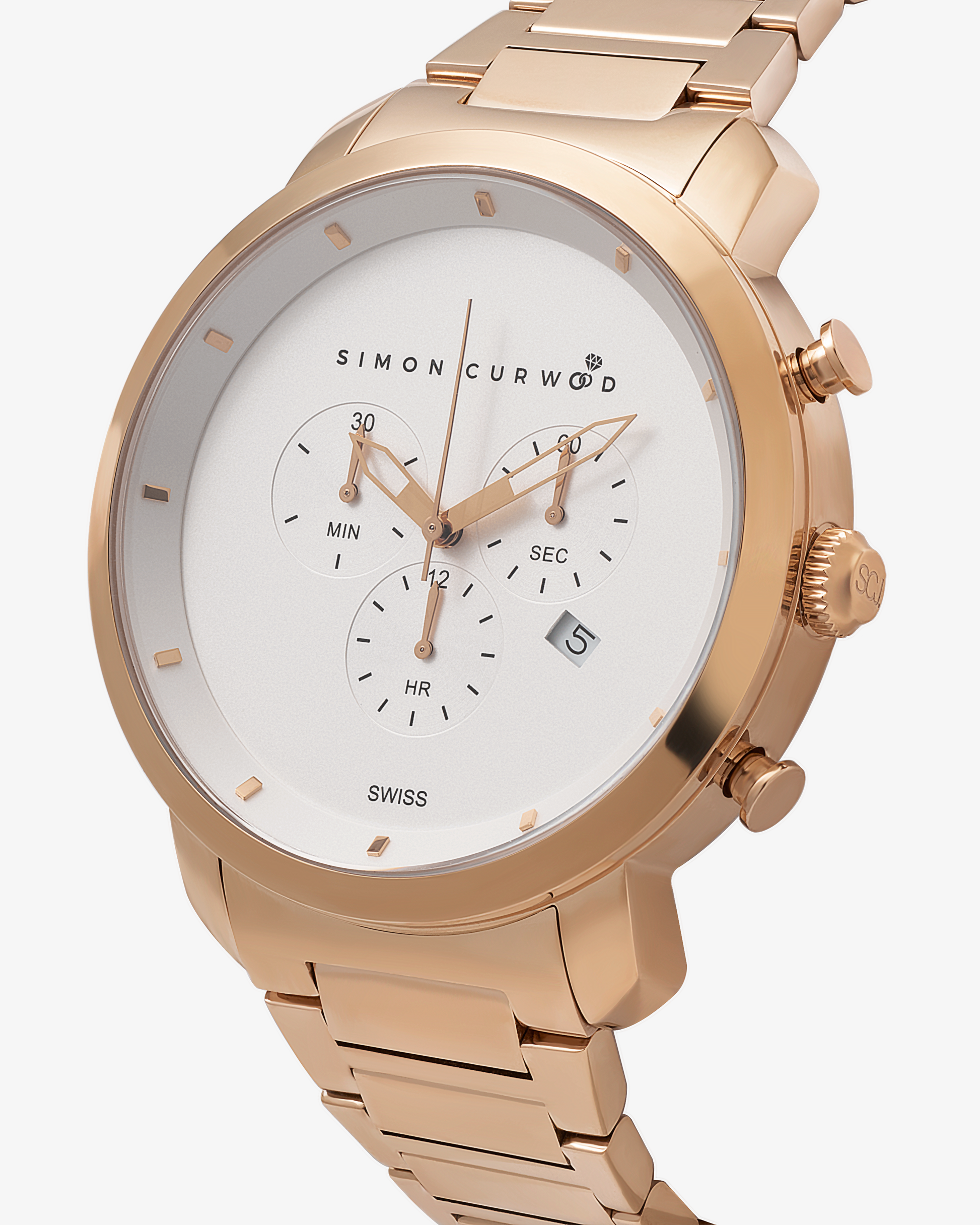 Rose Gold Tone Stainless Steel Watch With White Dial And Swiss Movement