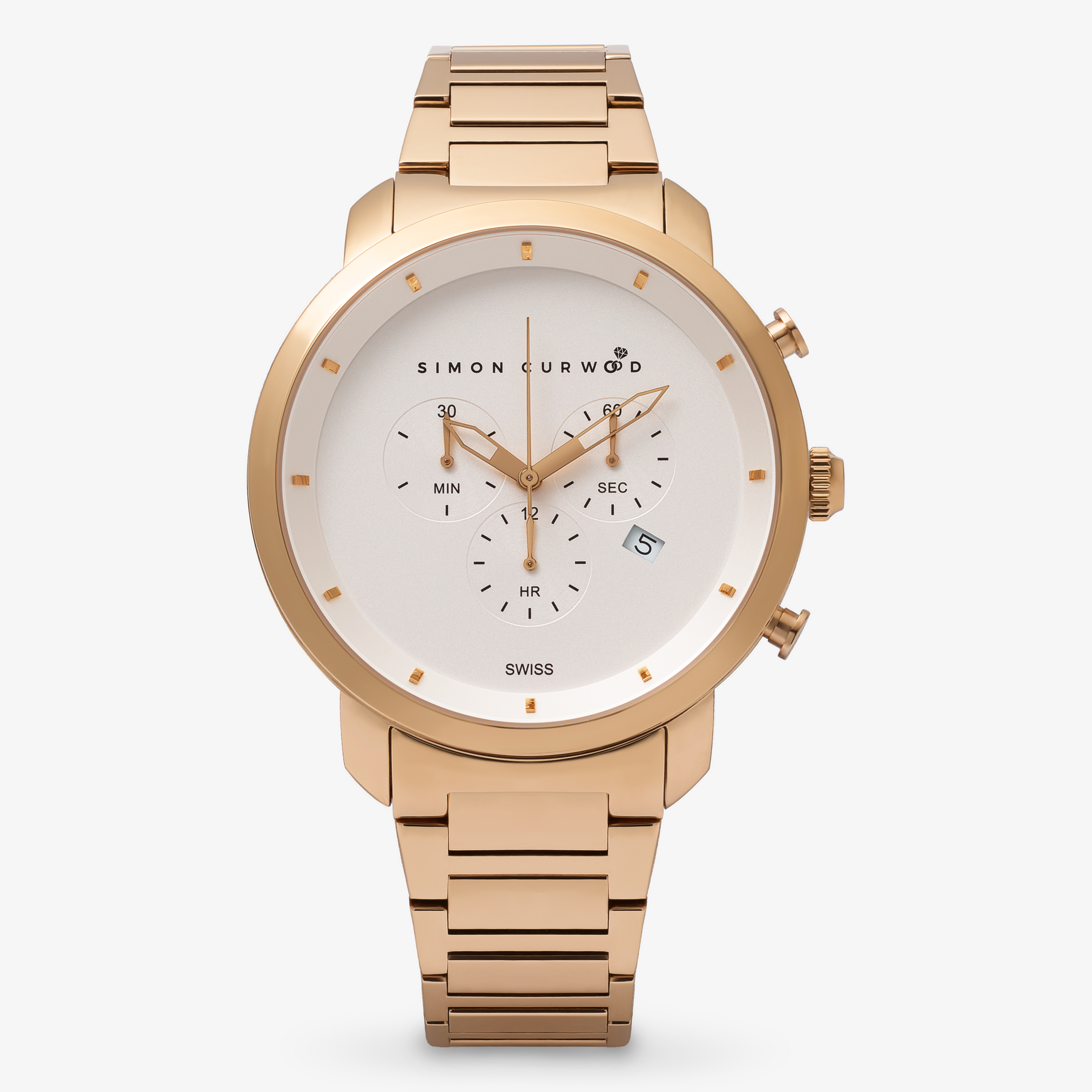 Rose Gold Tone Stainless Steel Watch With White Dial And Swiss Movement