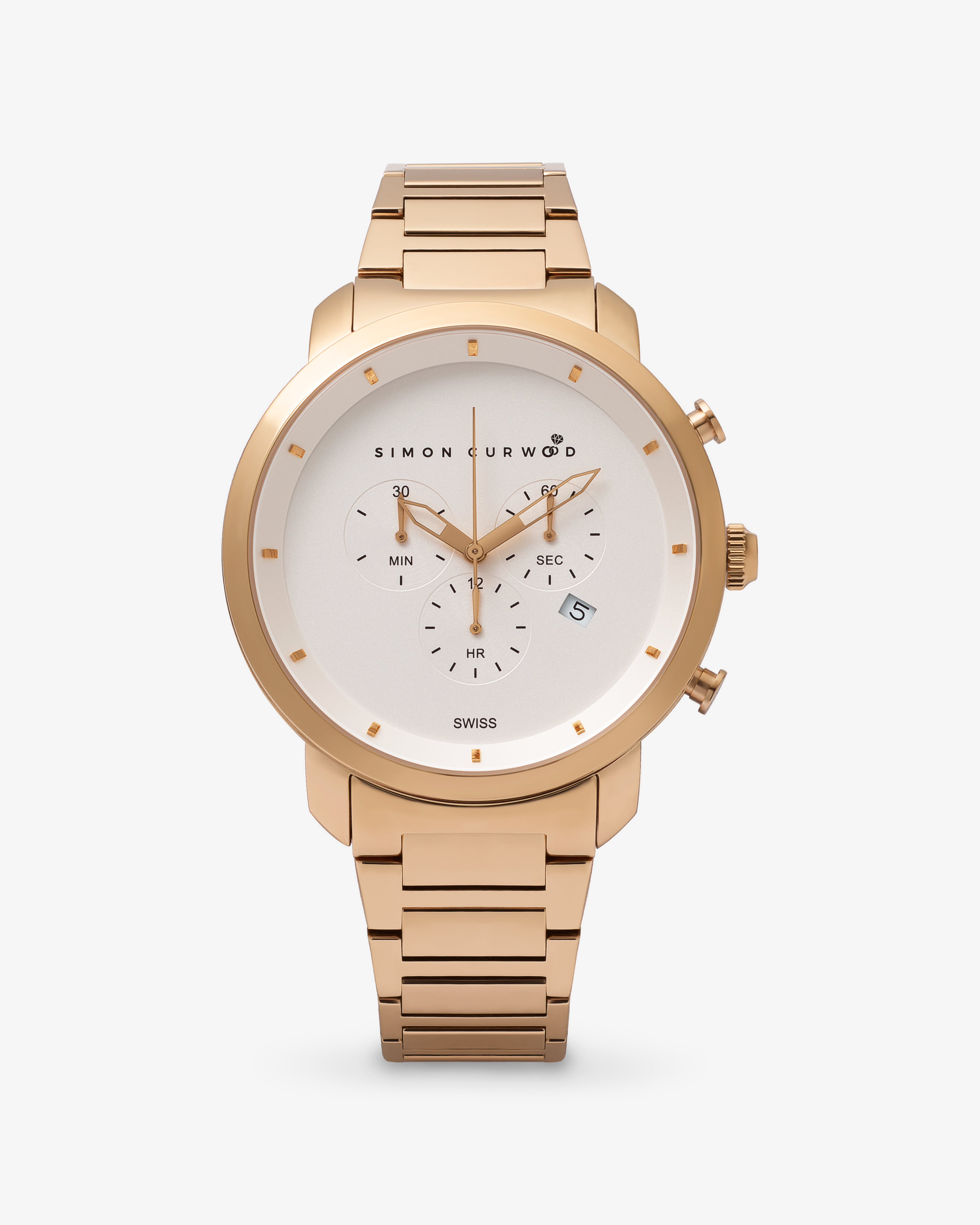 Rose Gold Tone Stainless Steel Watch With White Dial And Swiss Movement