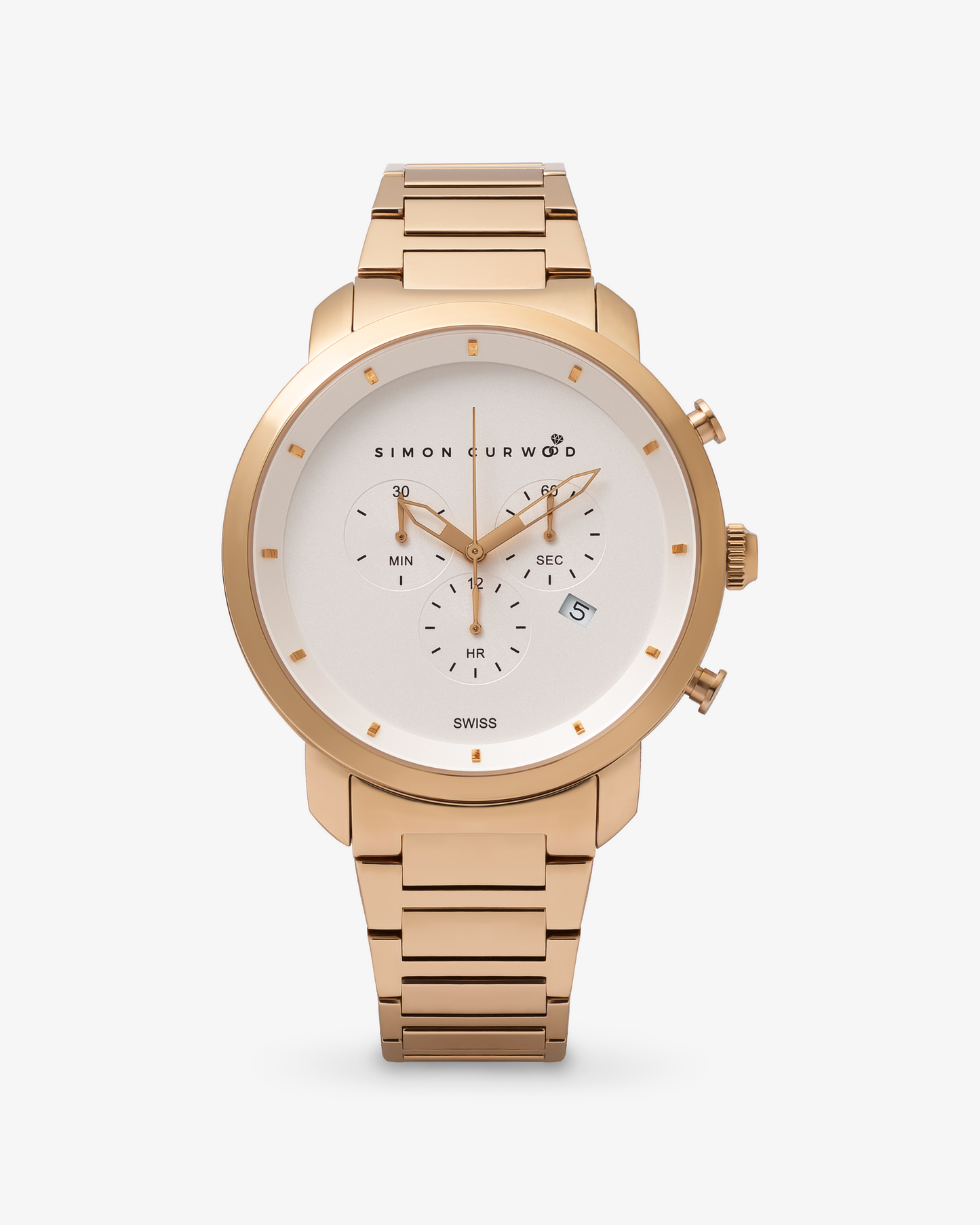 Rose Gold Tone Stainless Steel Watch With White Dial And Swiss Movement