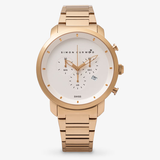 Rose Gold Tone Stainless Steel Watch With White Dial And Swiss Movement