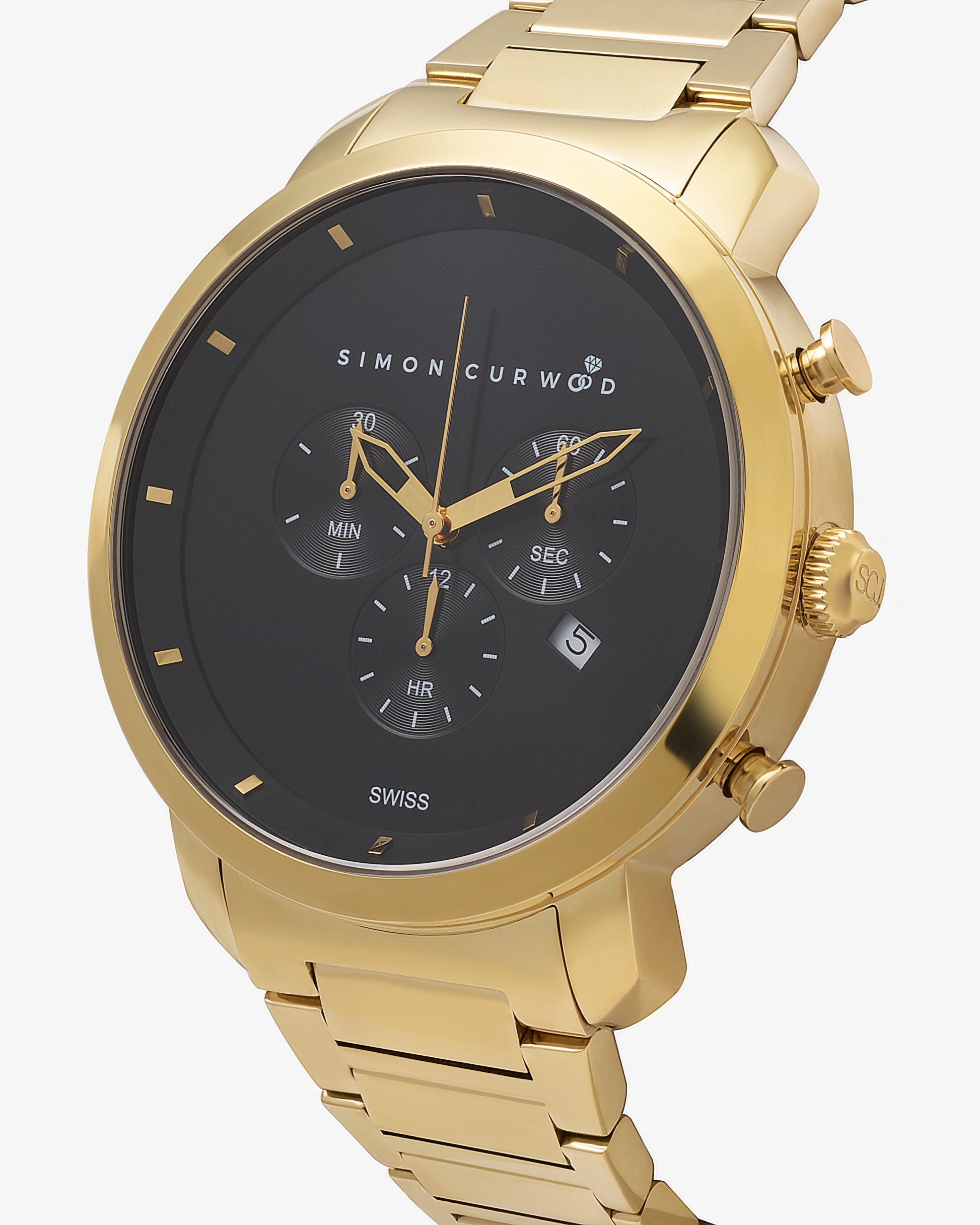 Gold Tone Stainless Steel Watch With Black Dial And Swiss Movement