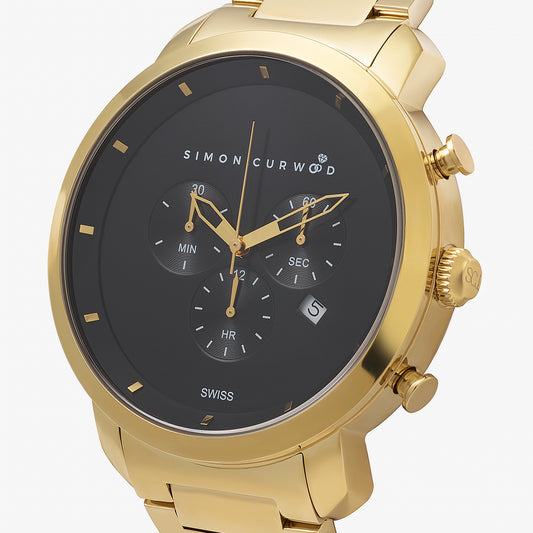 Gold Tone Stainless Steel Watch With Black Dial And Swiss Movement