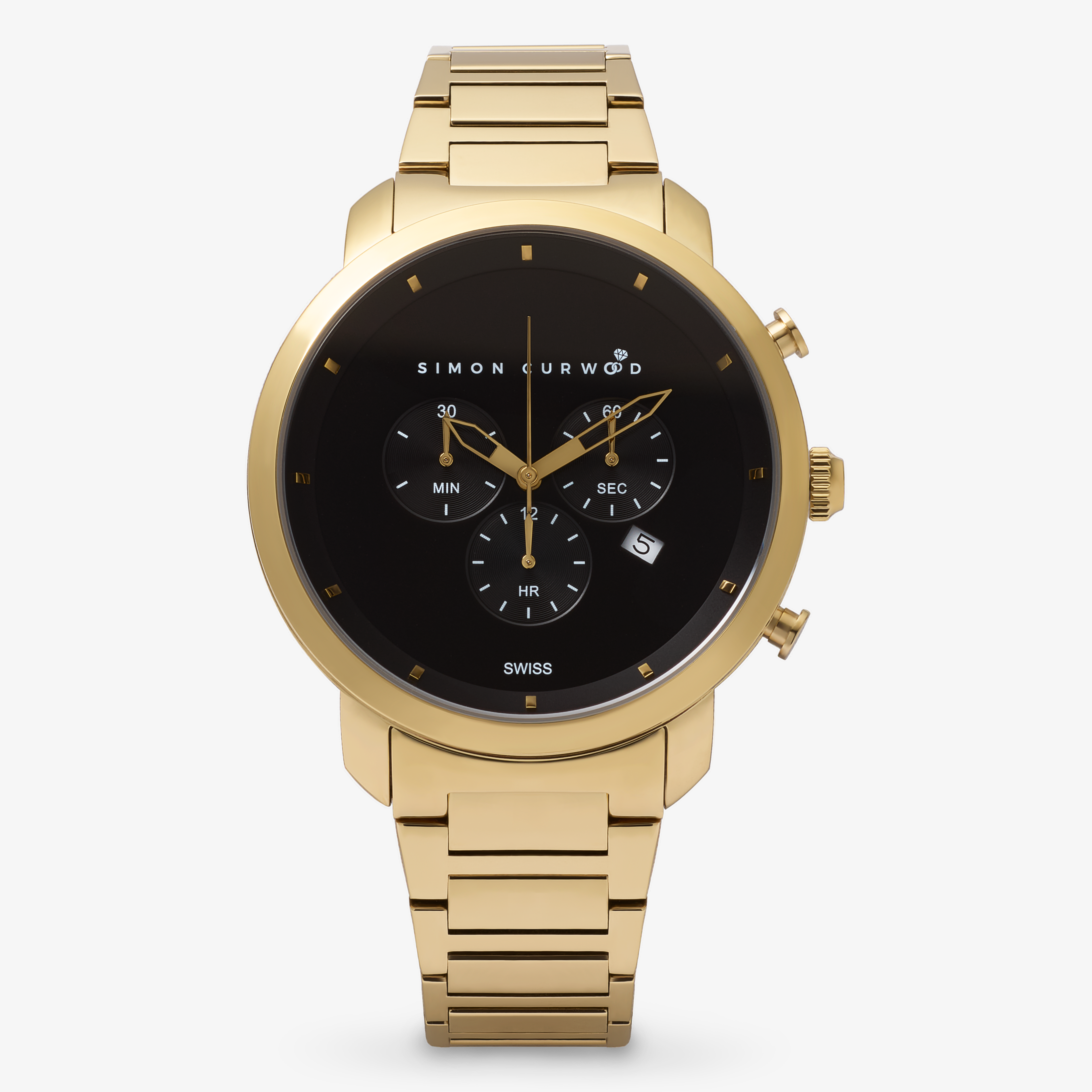 Gold Tone Stainless Steel Watch With Black Dial And Swiss Movement