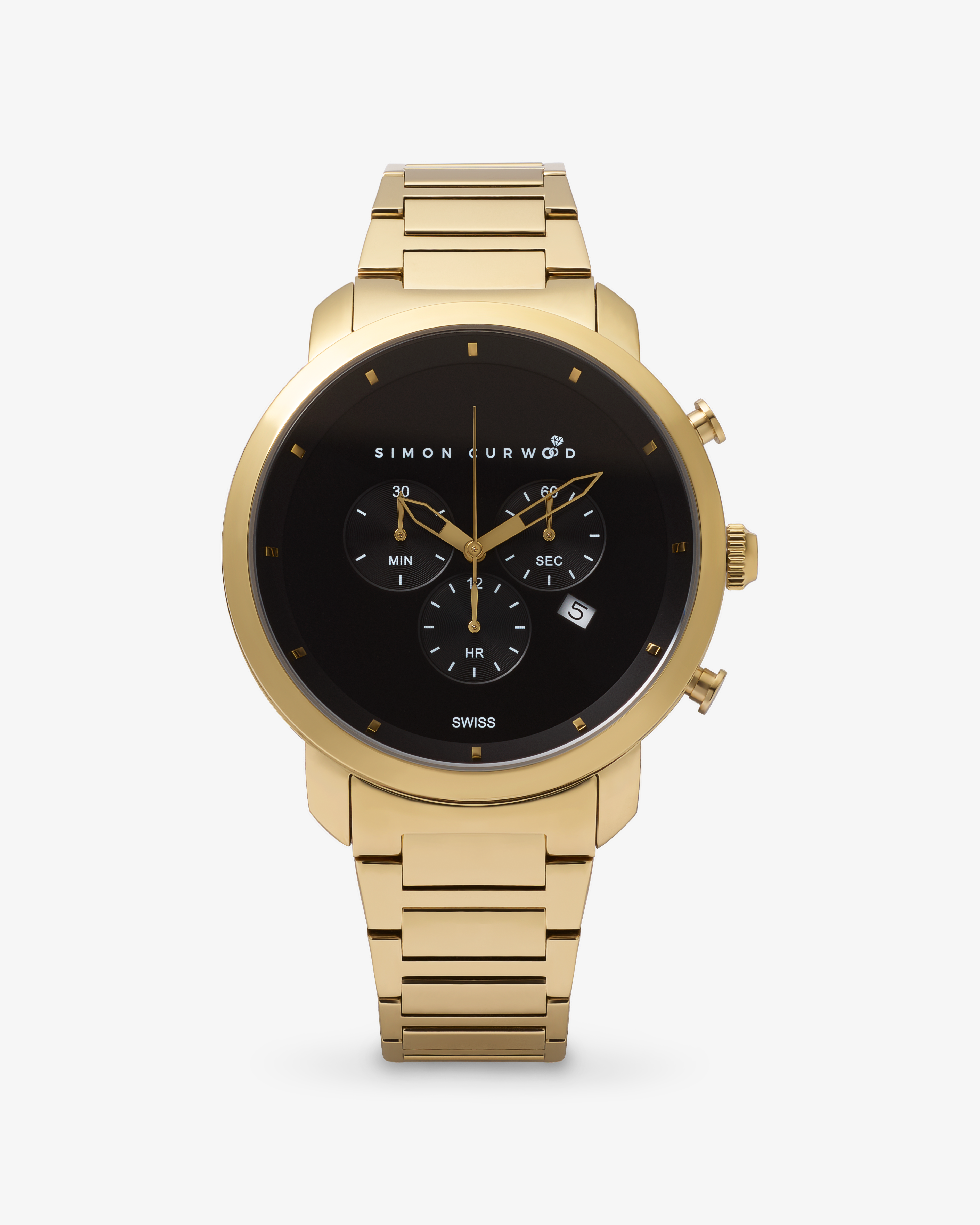 Gold Tone Stainless Steel Watch With Black Dial And Swiss Movement