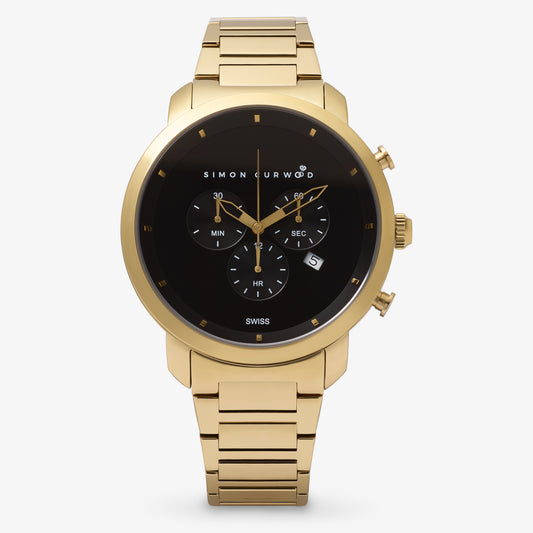 Gold Tone Stainless Steel Watch With Black Dial And Swiss Movement