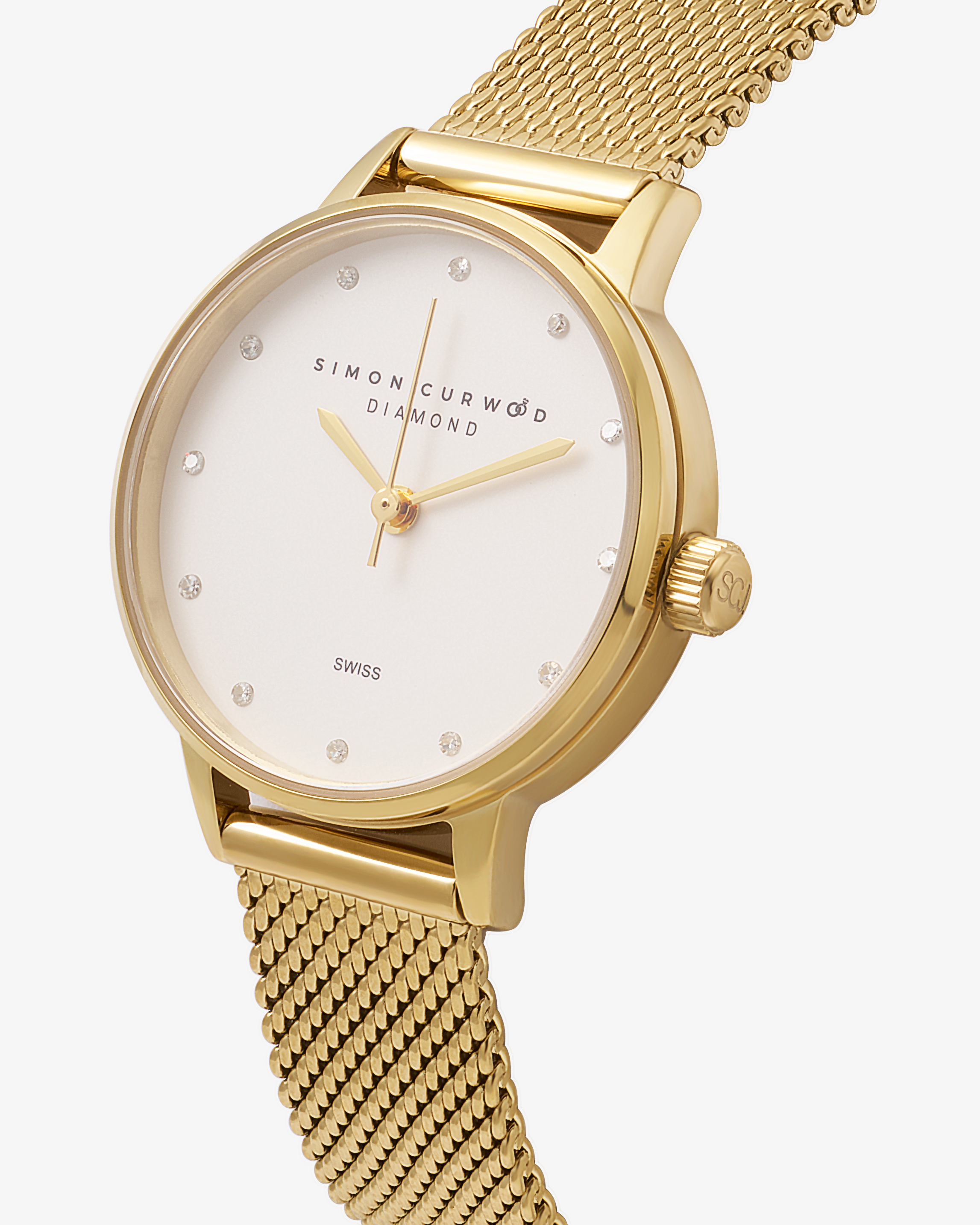 Stainless Steel Gold Tone Diamond Watch With Mesh Band