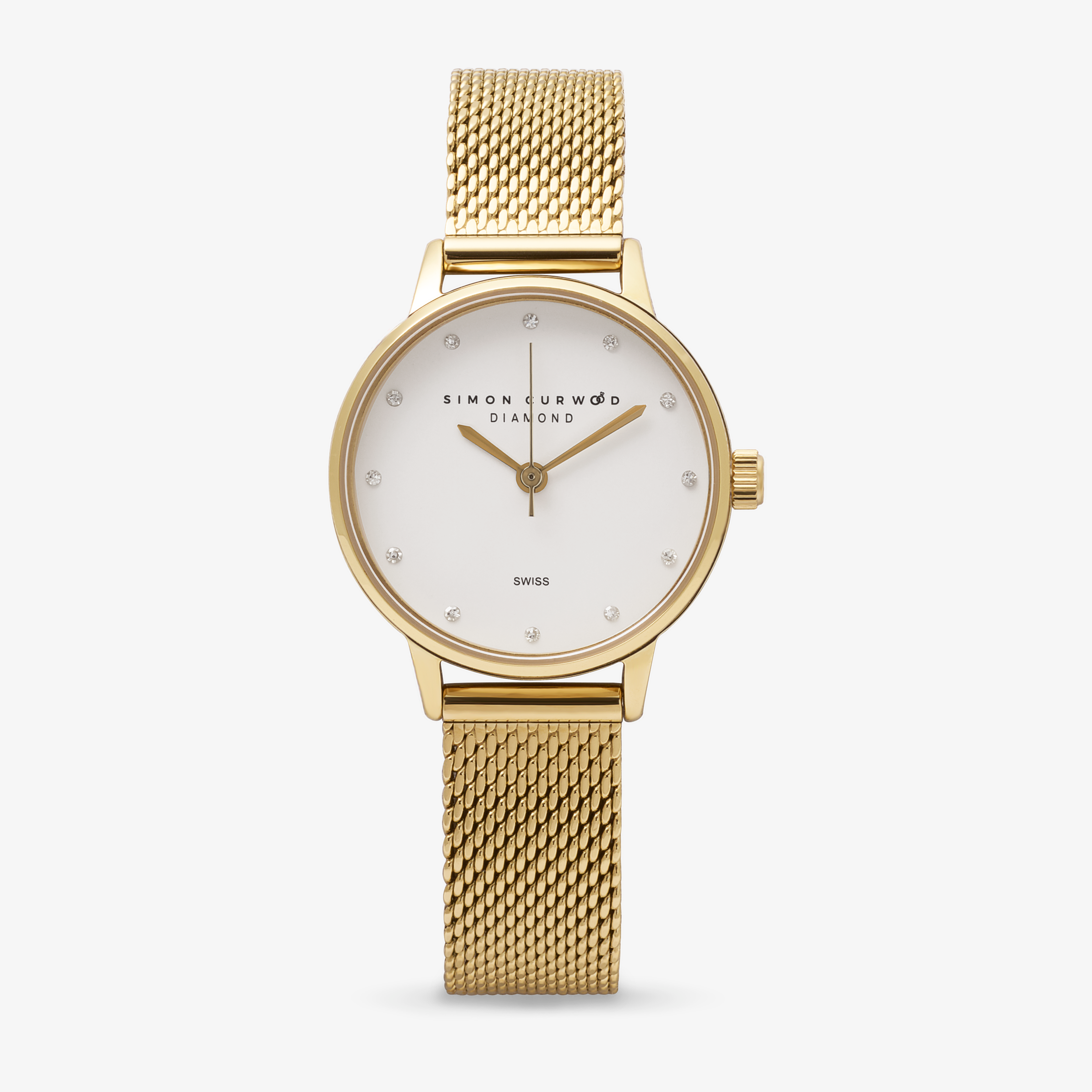 Stainless Steel Gold Tone Diamond Watch With Mesh Band