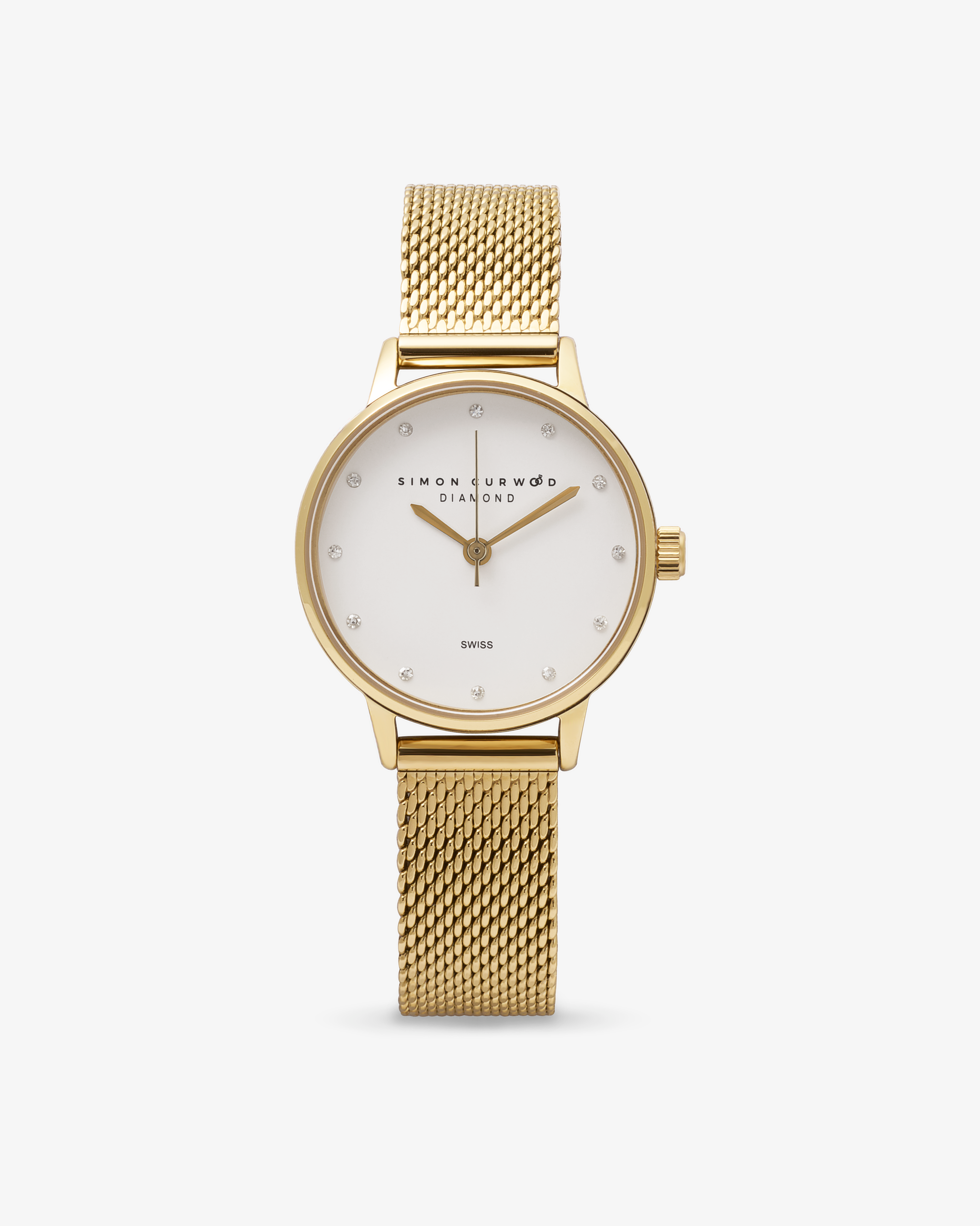 Stainless Steel Gold Tone Diamond Watch With Mesh Band