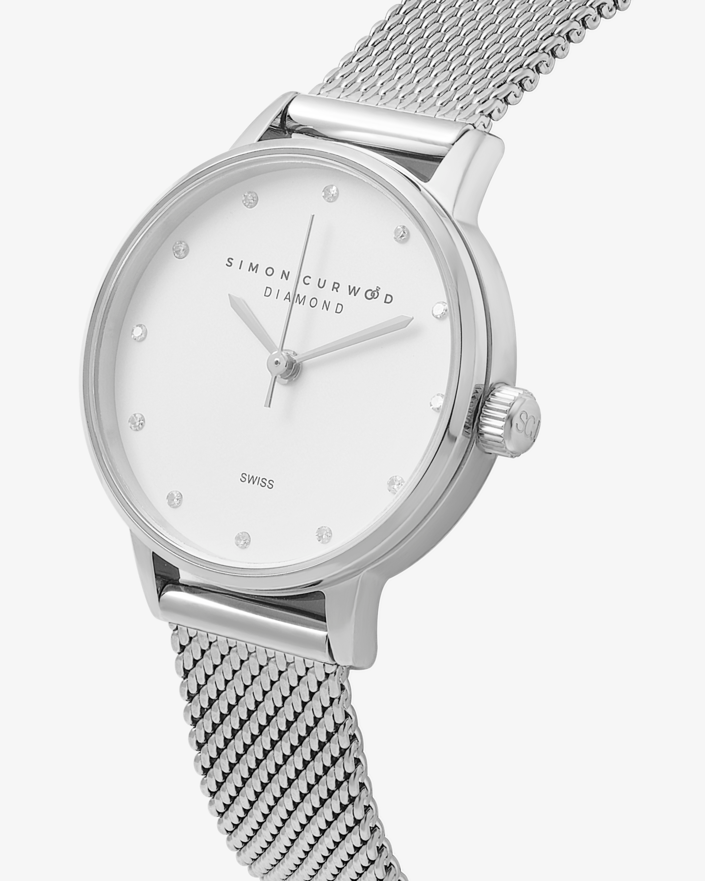 Stainless Steel Ladies Diamond Watch With Mesh Band