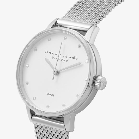 Stainless Steel Ladies Diamond Watch With Mesh Band