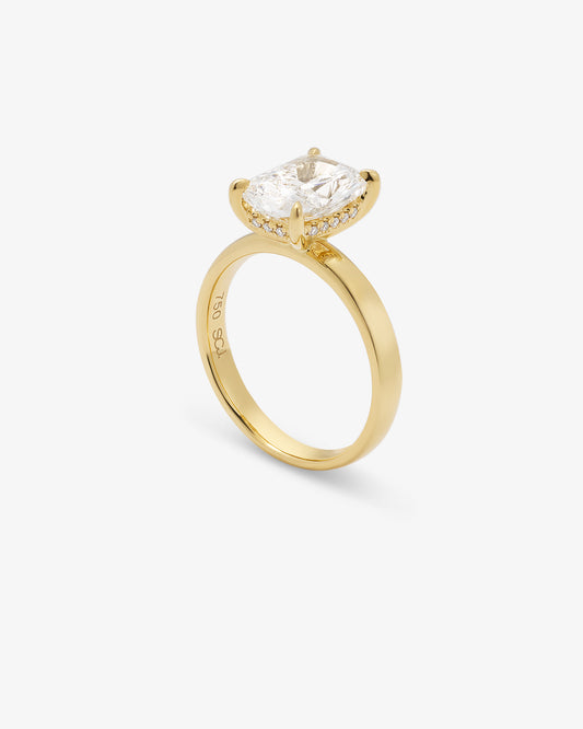 18K Yellow Gold 3ct Elongated Cushion Lab Diamond Solitaire With Diamond Gallery Ring