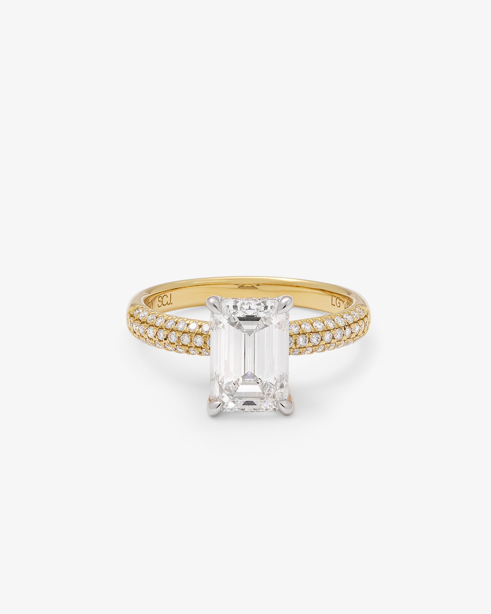 18K Yellow and White Gold 2.5ct Emerald Lab Diamond Solitaire With Diamond Set Pave Shoulders And Gallery Ring