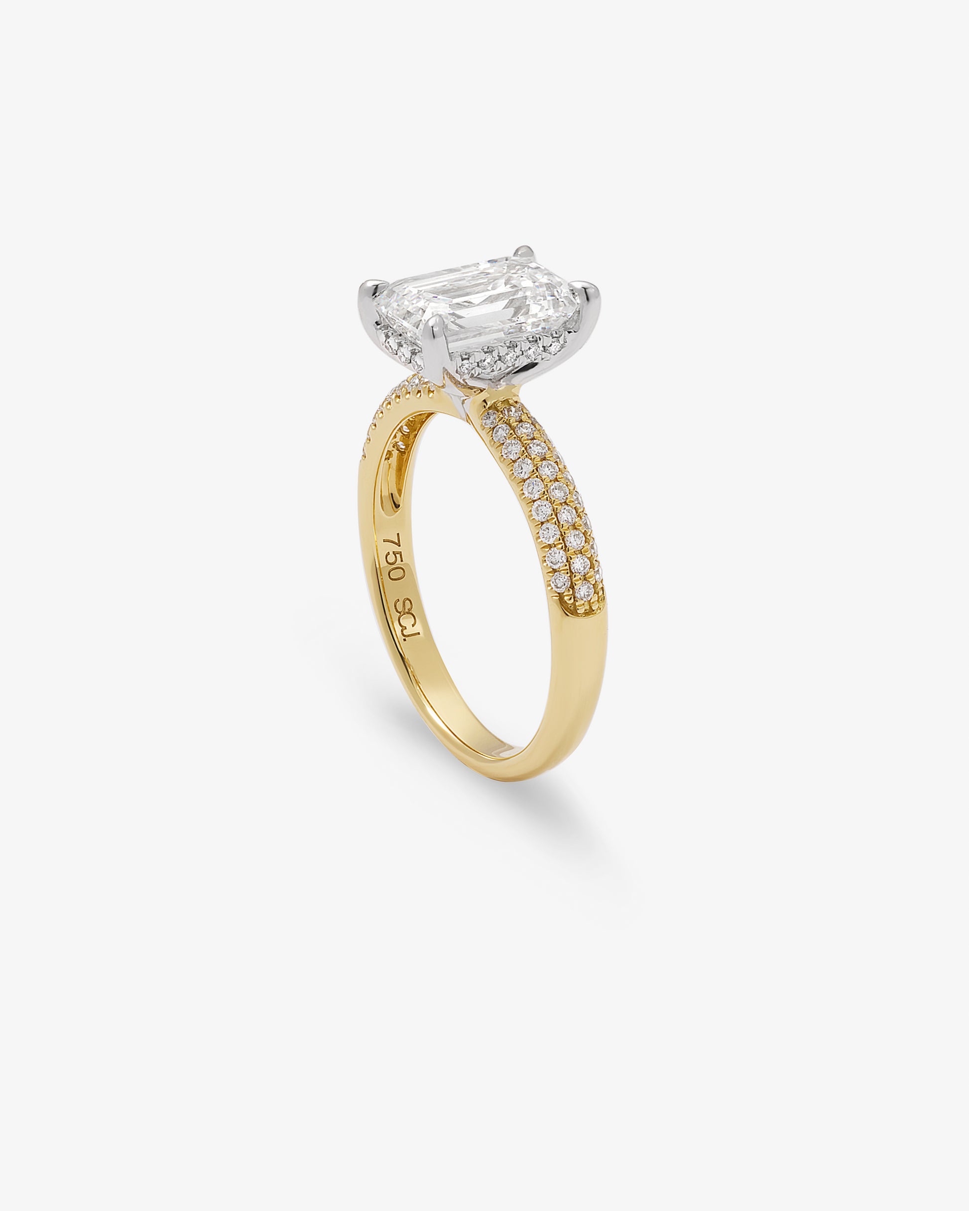 18K Yellow and White Gold 2.5ct Emerald Lab Diamond Solitaire With Diamond Set Pave Shoulders And Gallery Ring