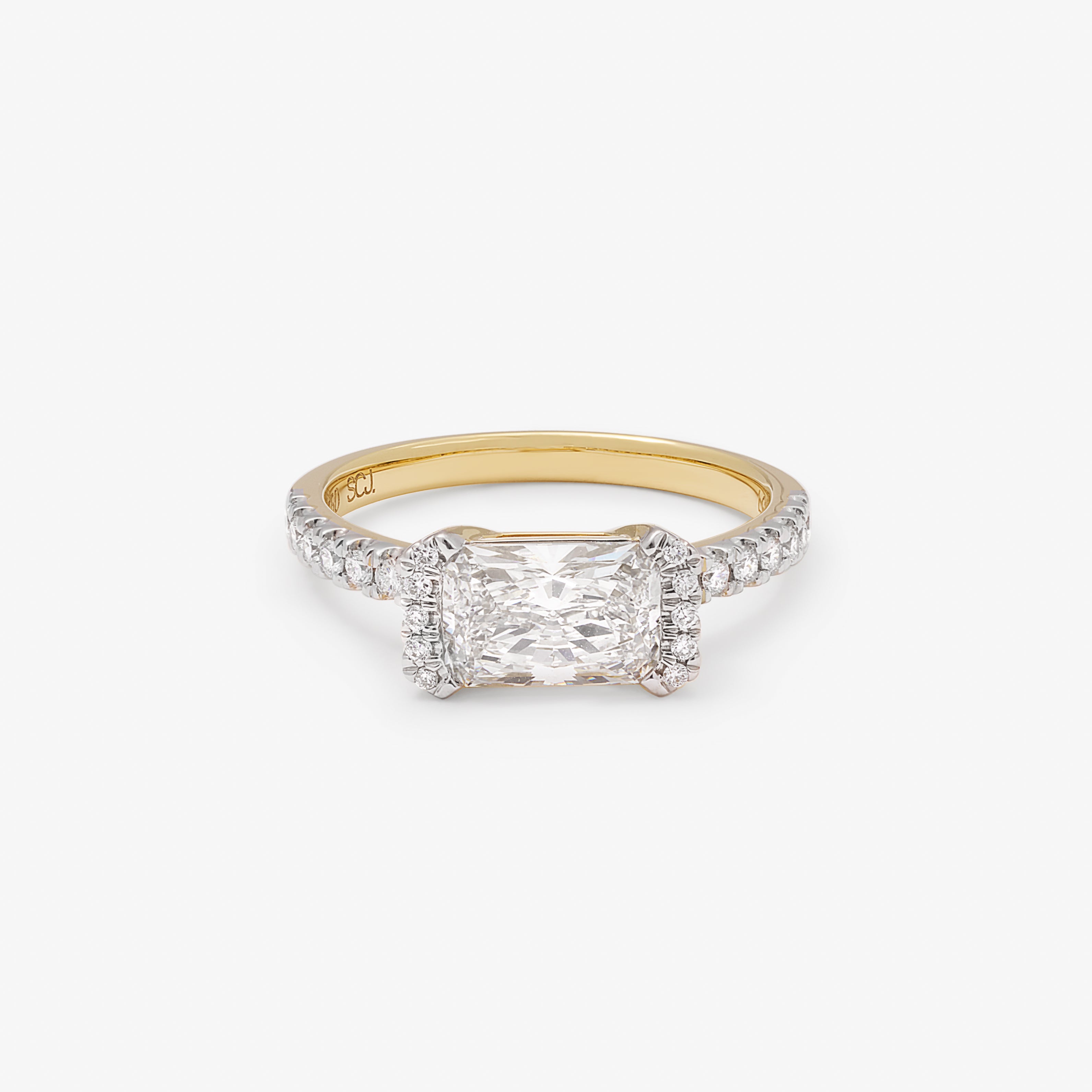 18K Yellow Gold 1.5ct East West Radiant Lab Diamond With Brilliant Sides and Shoulders