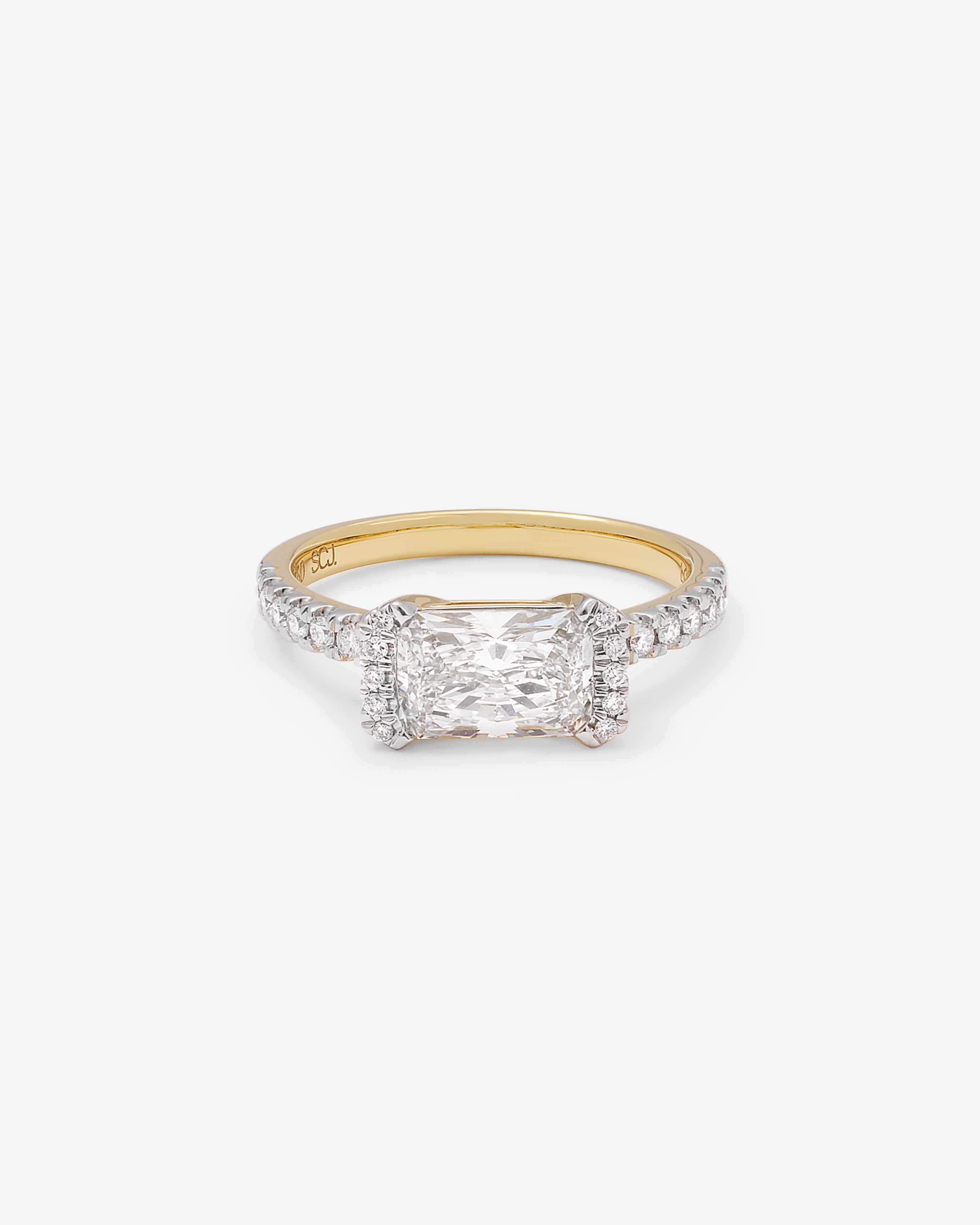 18K Yellow Gold 1.5ct East West Radiant Lab Diamond With Brilliant Sides and Shoulders