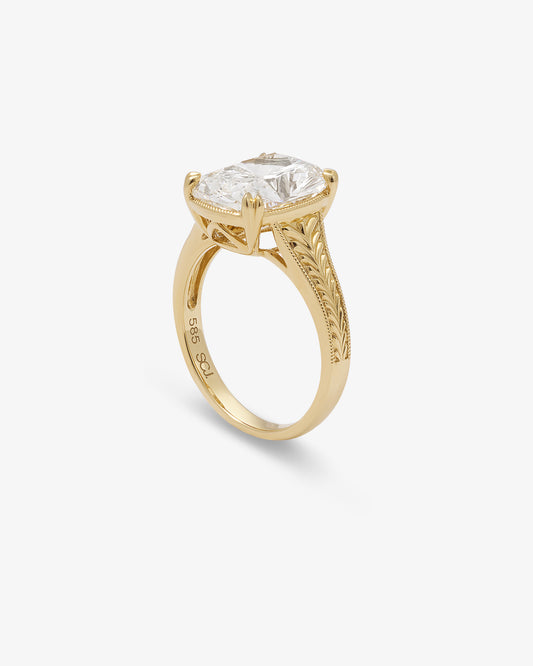 14K Yellow Gold 5ct Elongated Cushion Lab Diamond With Double Claws Milgrain Gallery Rail And Engraved Tapered Shoulders Ring
