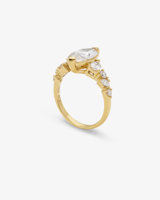 18K Yellow Gold 2.0ct Marquise Lab Diamond Centre With Pear And Brilliant Shoulders Ring 2.8tdw