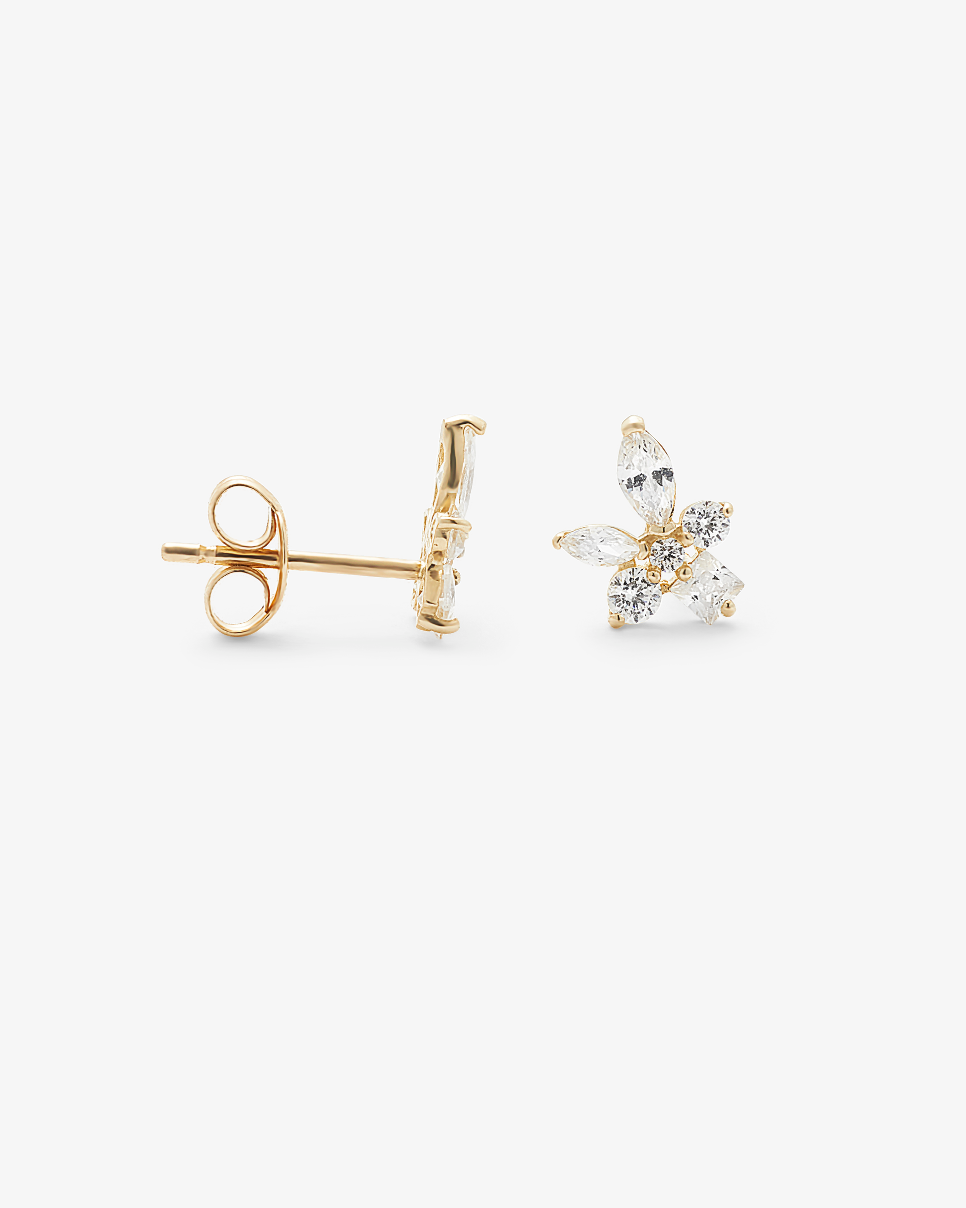 9k Yellow Gold Marquise Round and Princess Zirconia Cluster Stud Earrings
