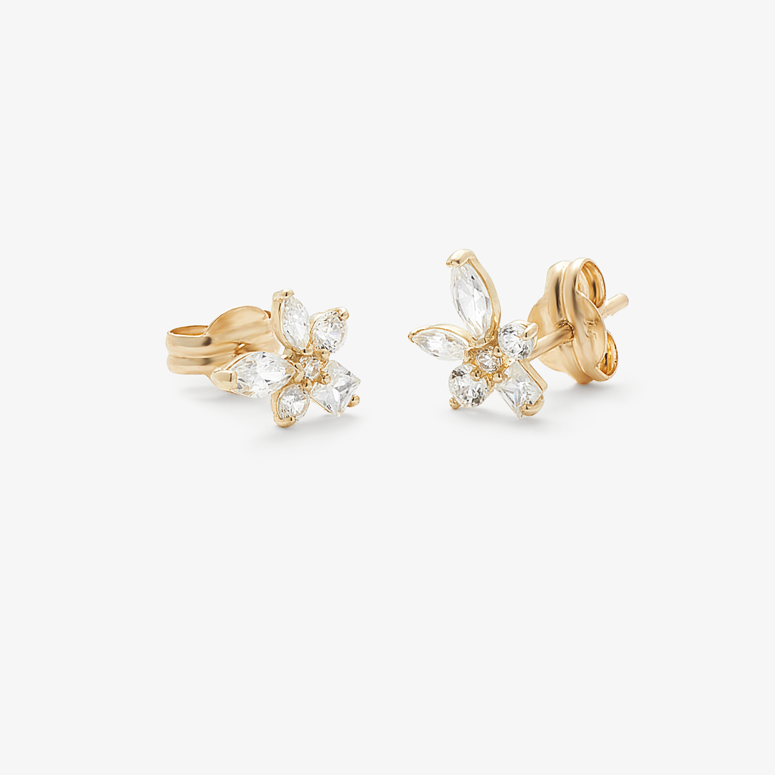 9k Yellow Gold Marquise Round and Princess Zirconia Cluster Stud Earrings