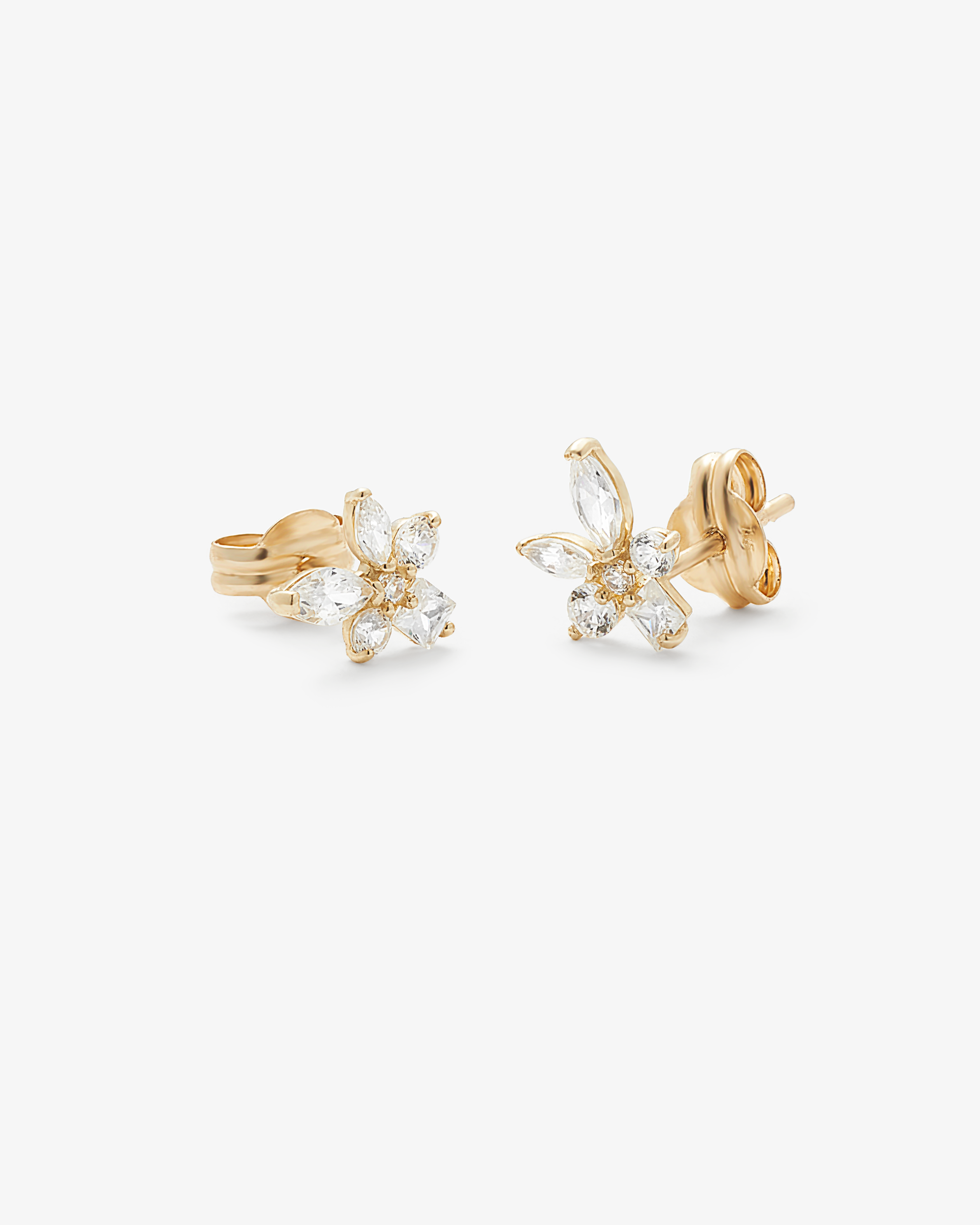 9k Yellow Gold Marquise Round and Princess Zirconia Cluster Stud Earrings