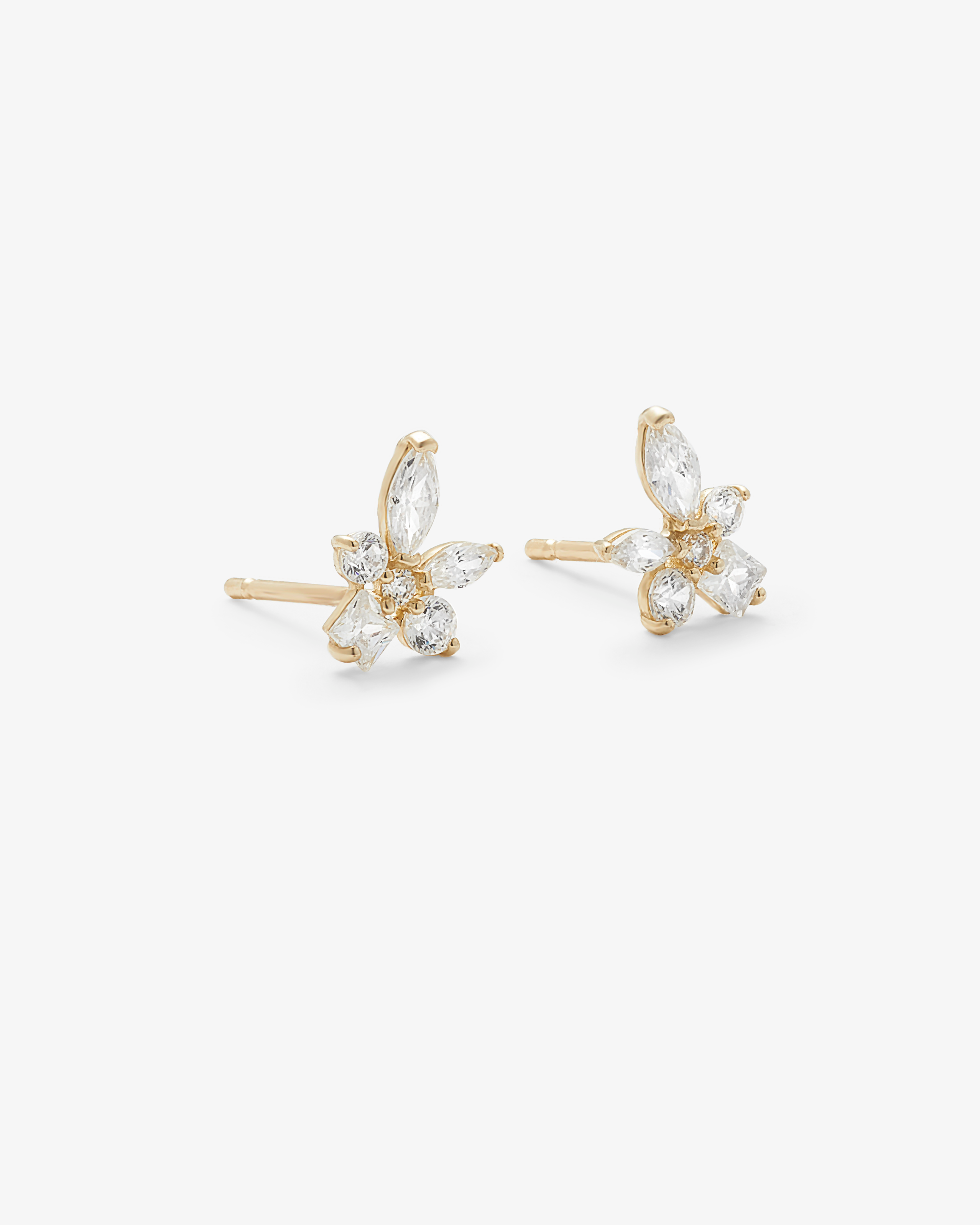 9k Yellow Gold Marquise Round and Princess Zirconia Cluster Stud Earrings