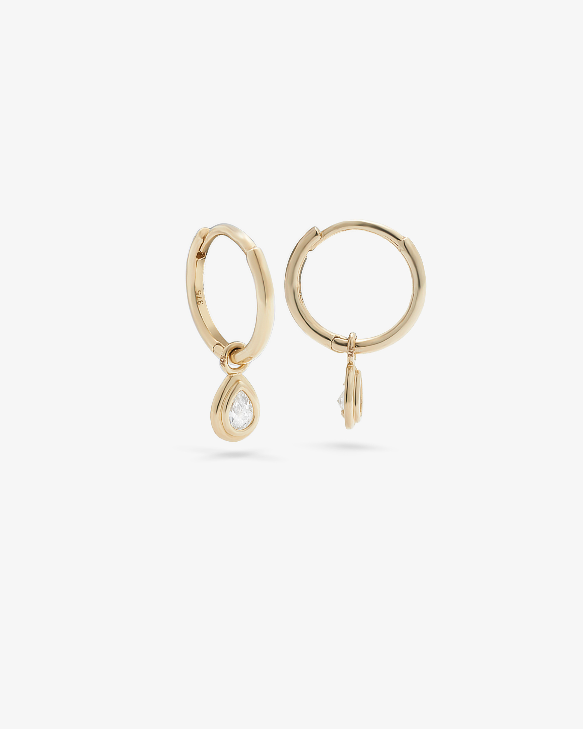 9K Yellow Gold Pear Zirconia Bezel Set Drop Huggie Earrings