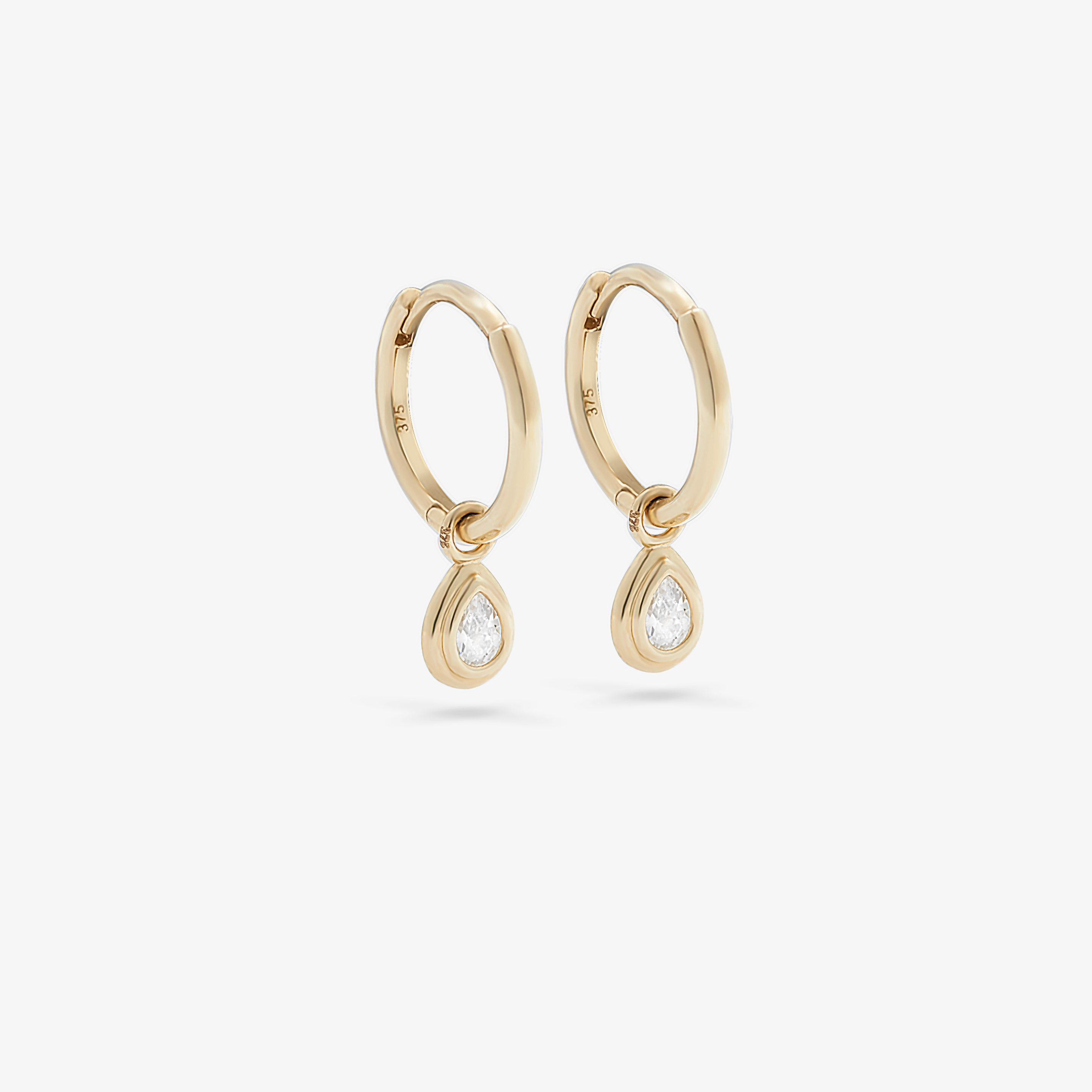 9K Yellow Gold Pear Zirconia Bezel Set Drop Huggie Earrings