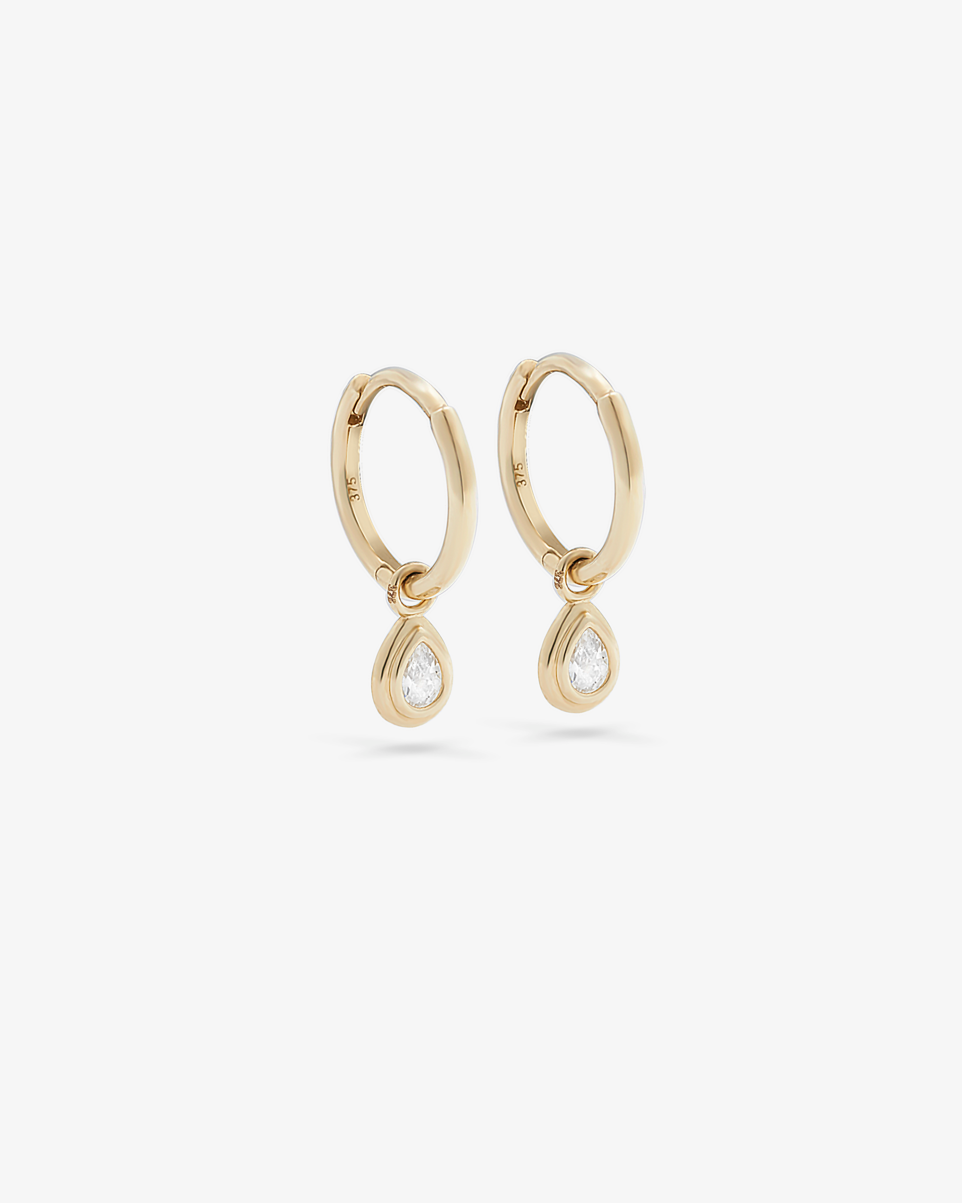 9K Yellow Gold Pear Zirconia Bezel Set Drop Huggie Earrings