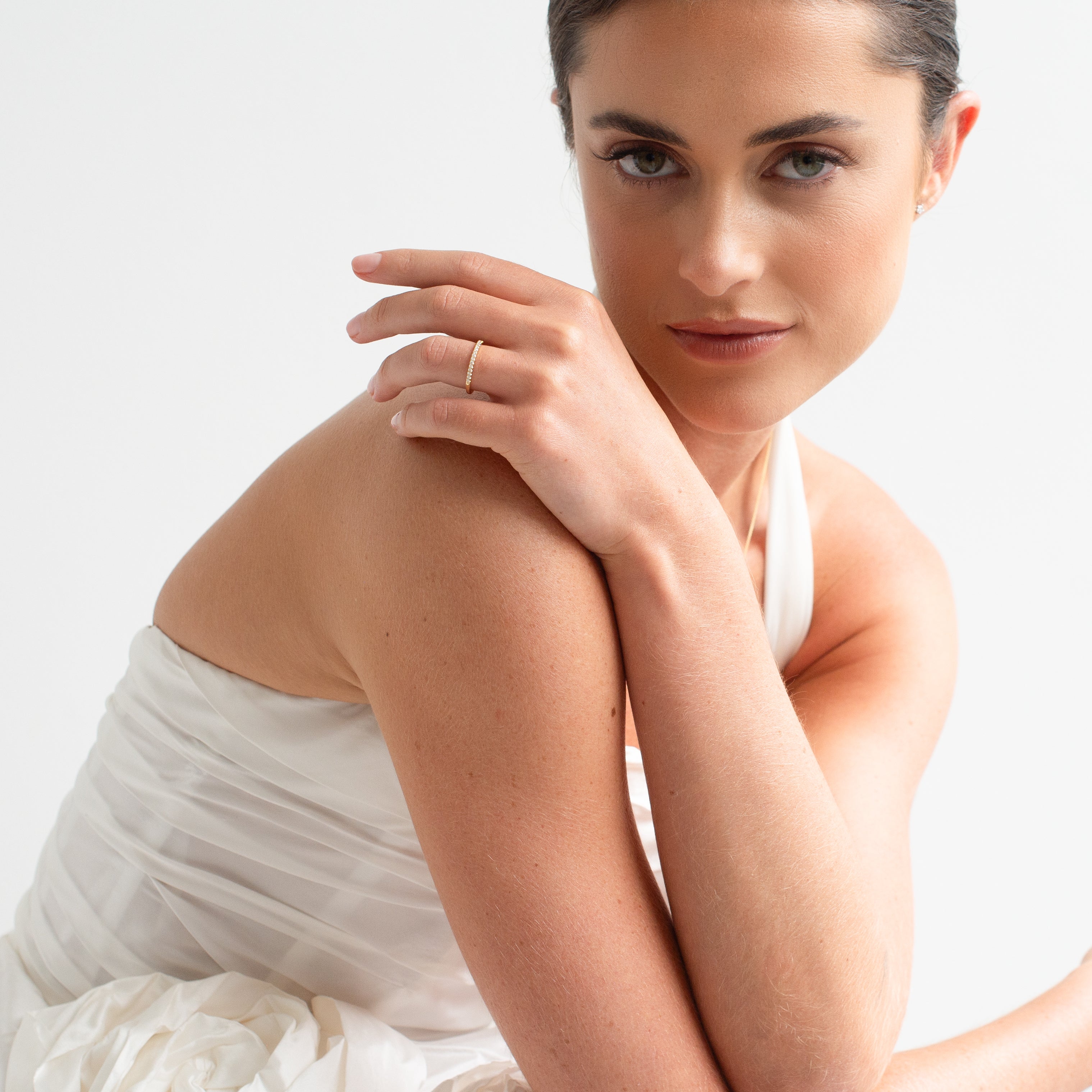 Model wearing a fine diamond band for Simon Curwood Jewellers.