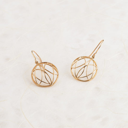 9K Yellow Gold Delicate Cage Circle Drop Earrings